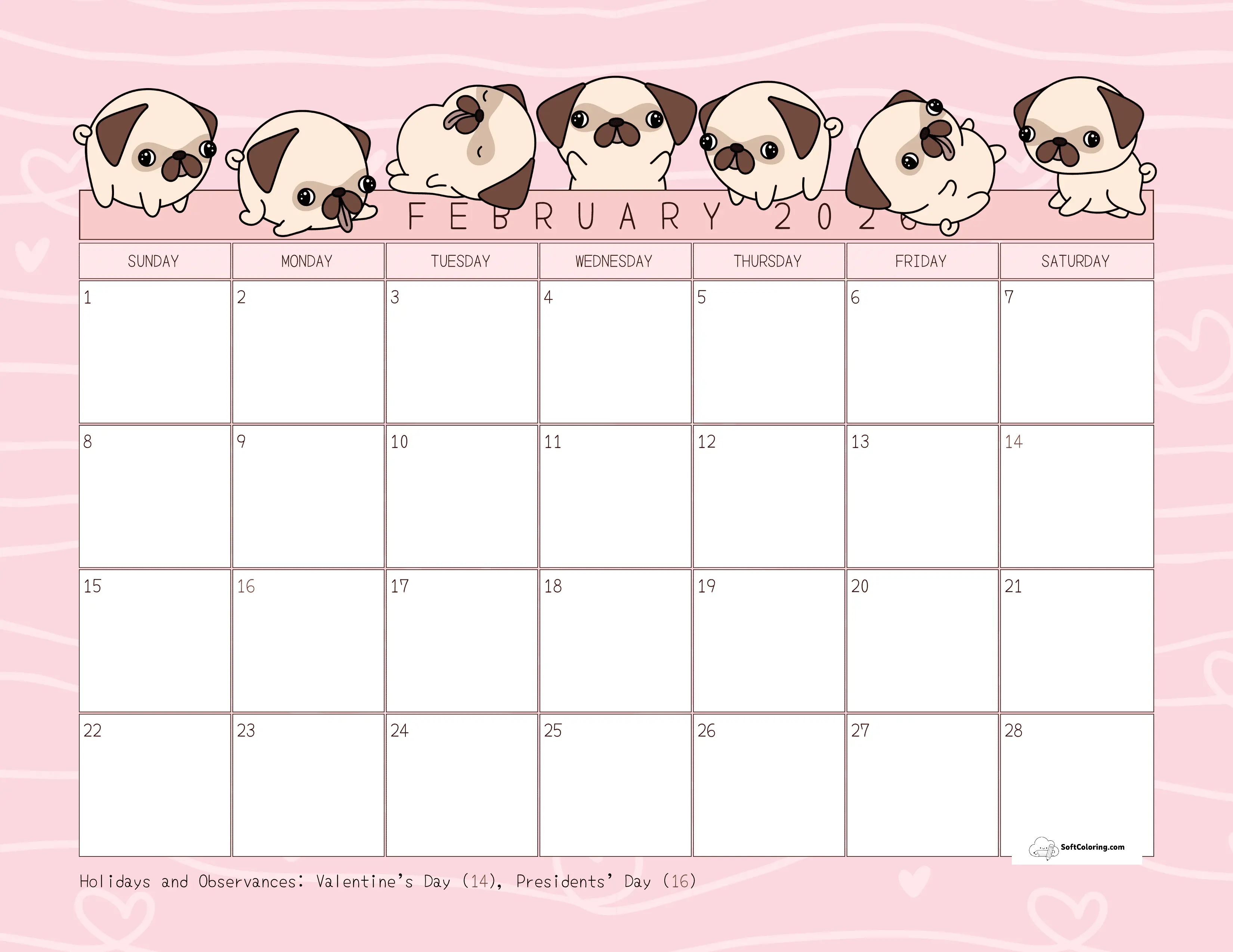 Cute Pugs Printable February 2026 Downloadable Calendar