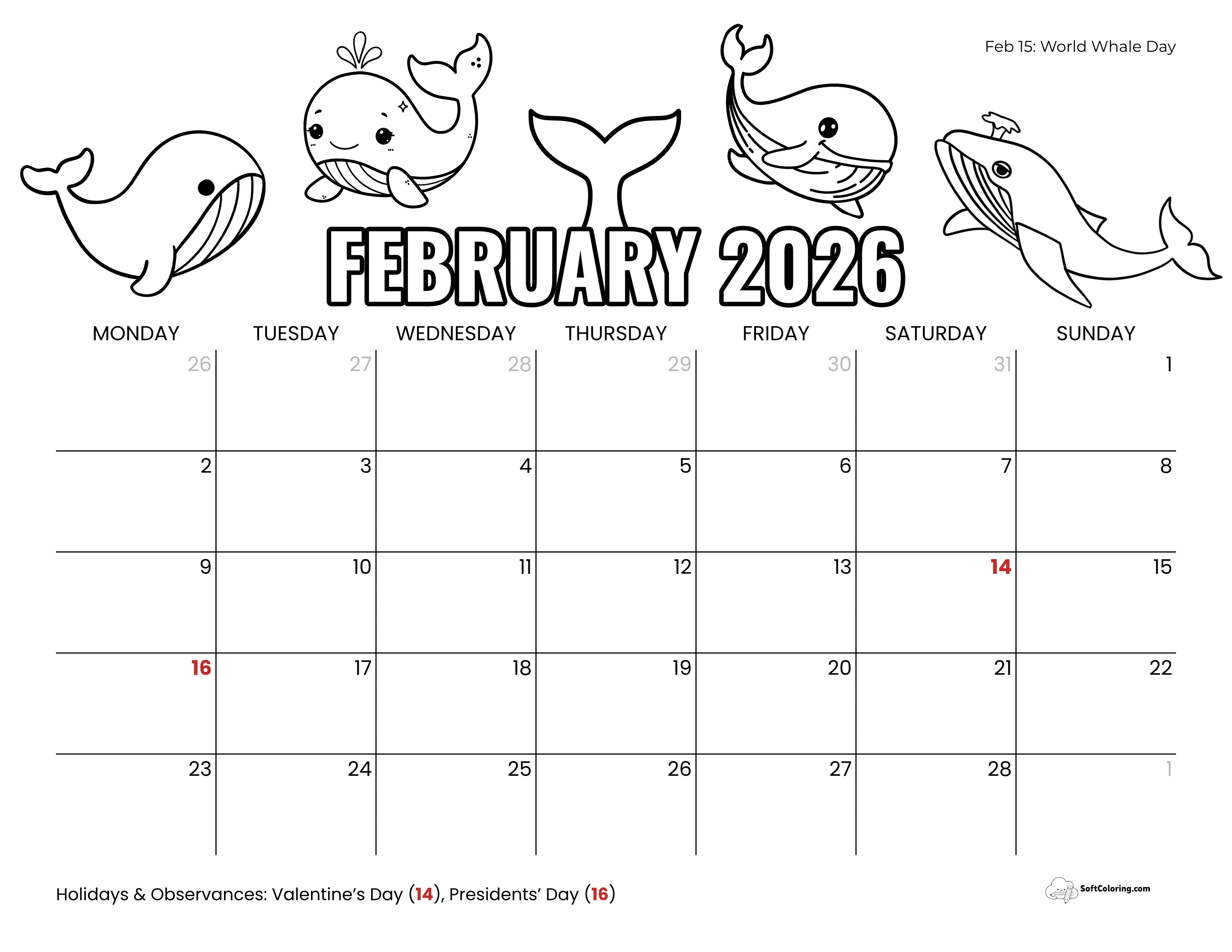 Whale Coloring - Feb 2026 Monday Calendar