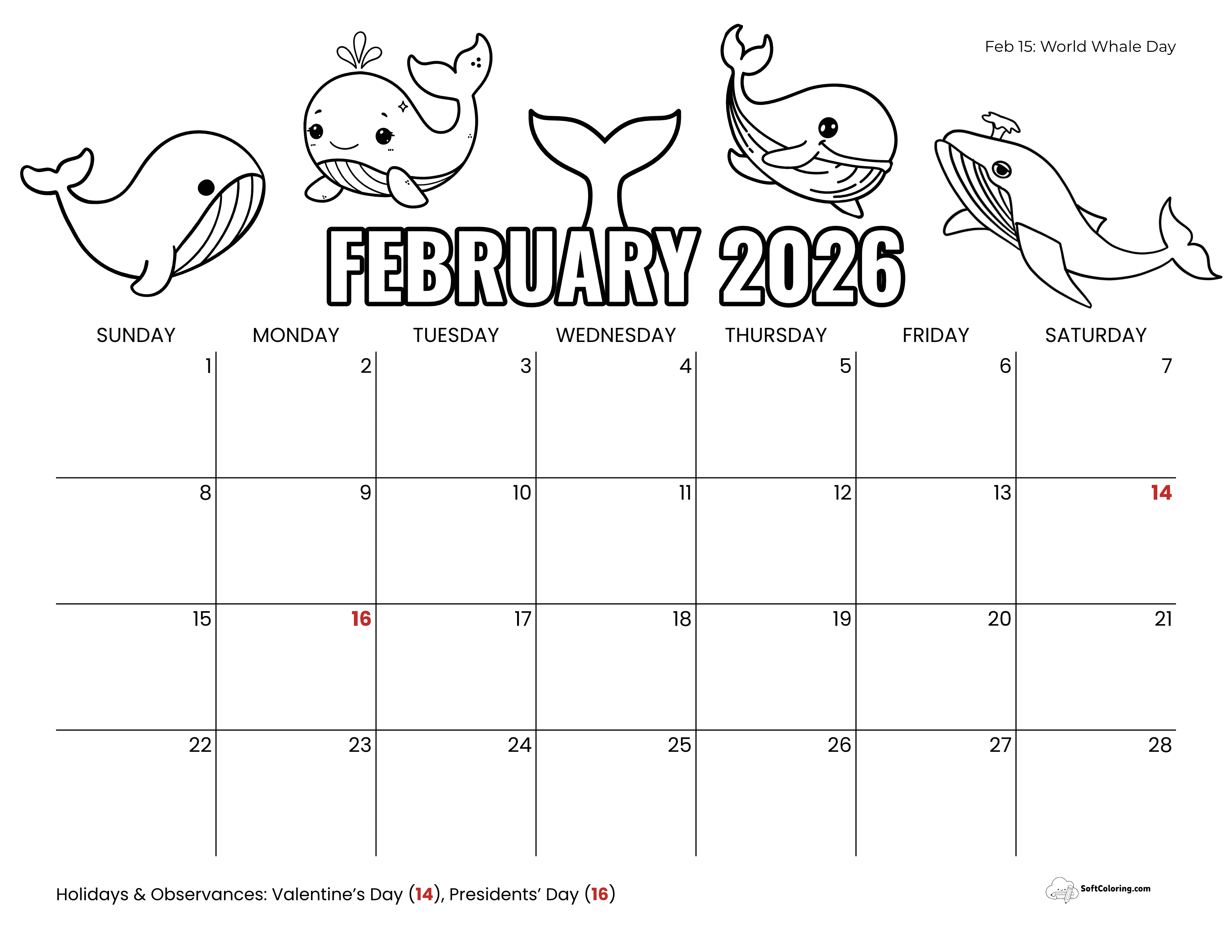 Cute World Whale Day Coloring Calendar February 2026