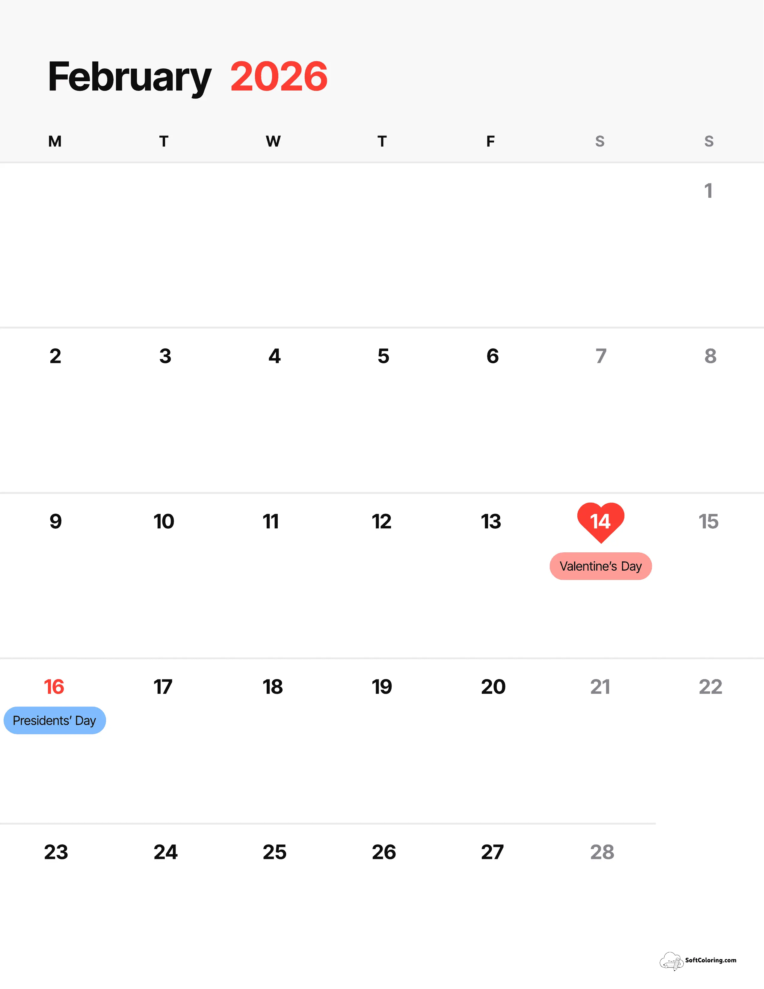 Phone-Style - February 2026 Monday Calendar
