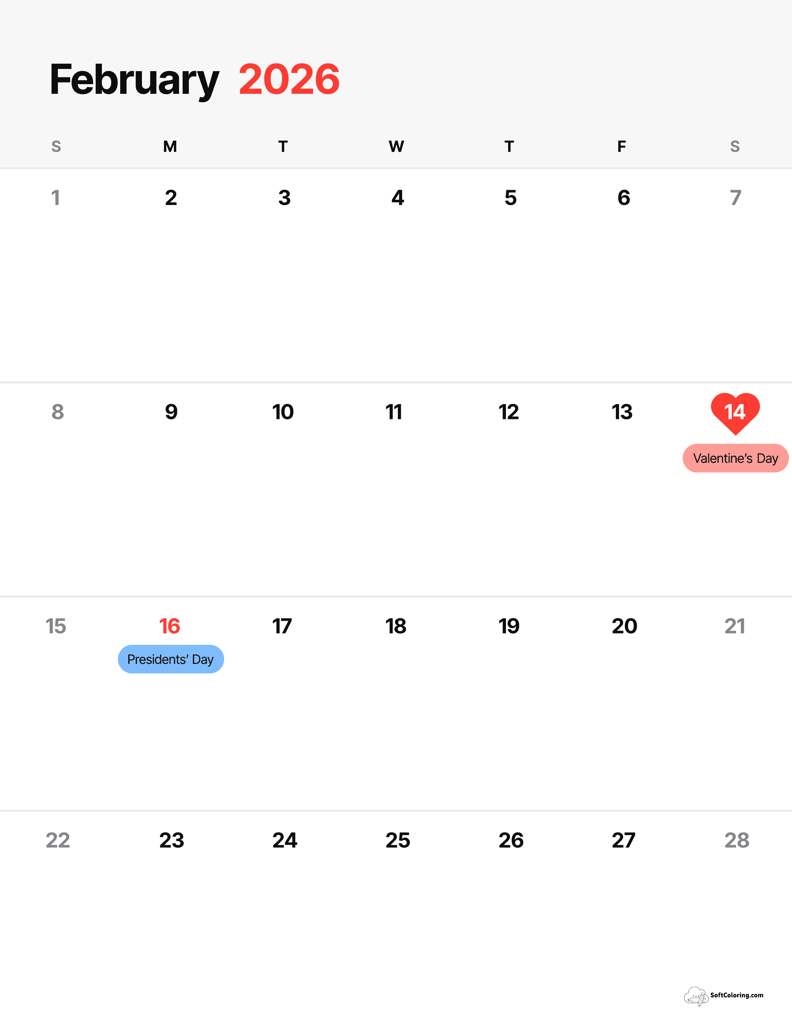 Minimalist Phone-Style Portrait Calendar February 2026