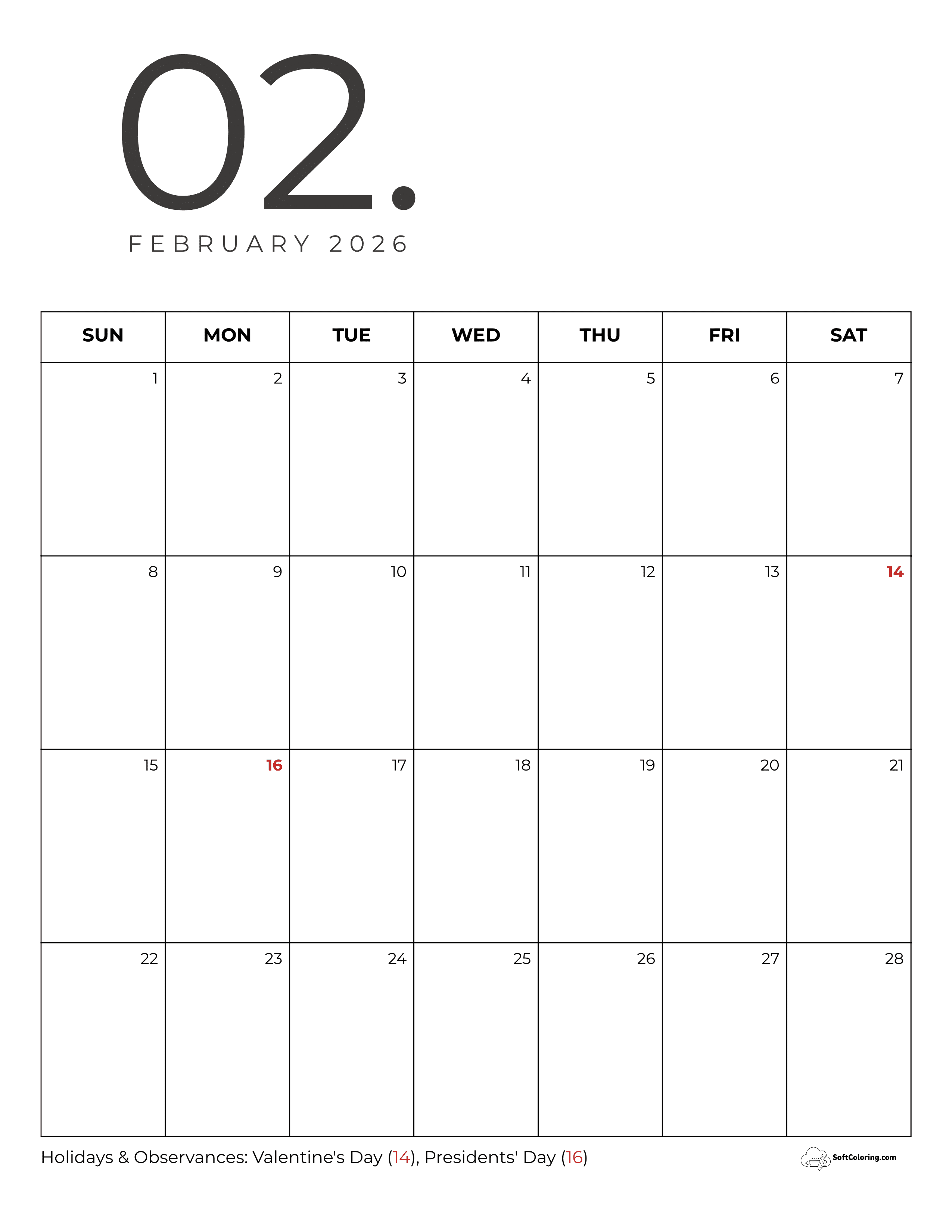 Stylish Simple February Calendar Printable For 2026