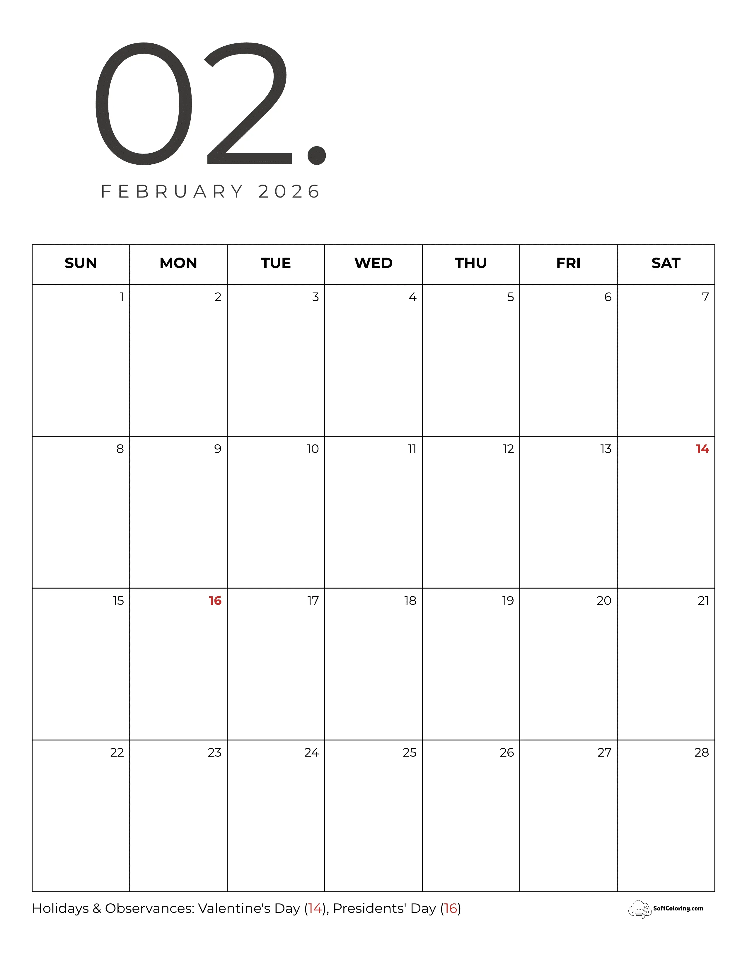 Stylish Simple February Calendar Printable For 2026