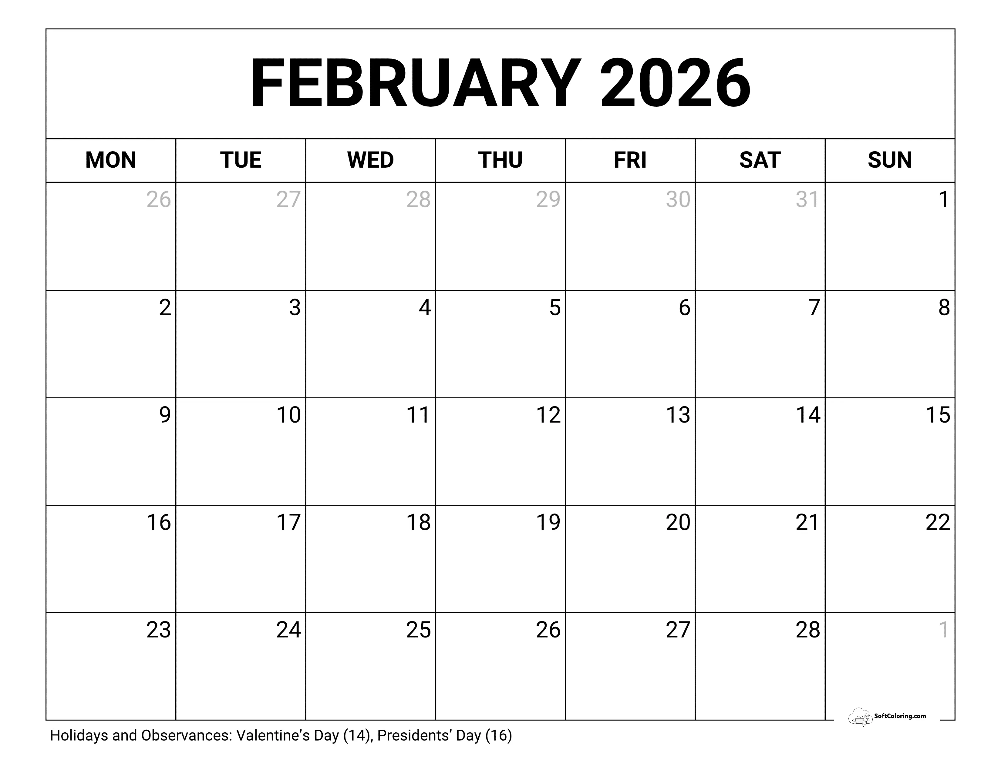 Blank - February 2026 Monday Calendar