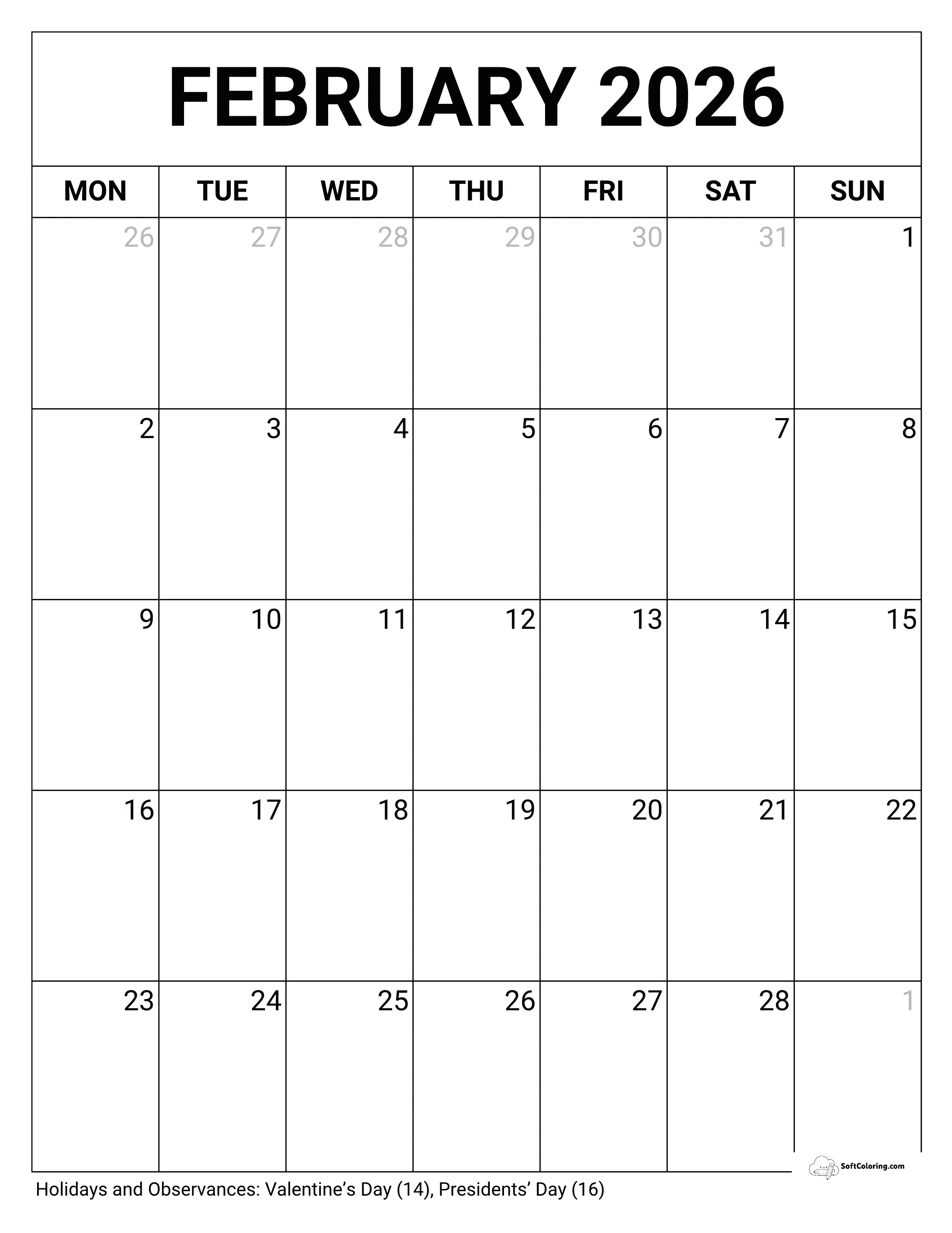 Portrait Blank - February 2026 Monday Calendar