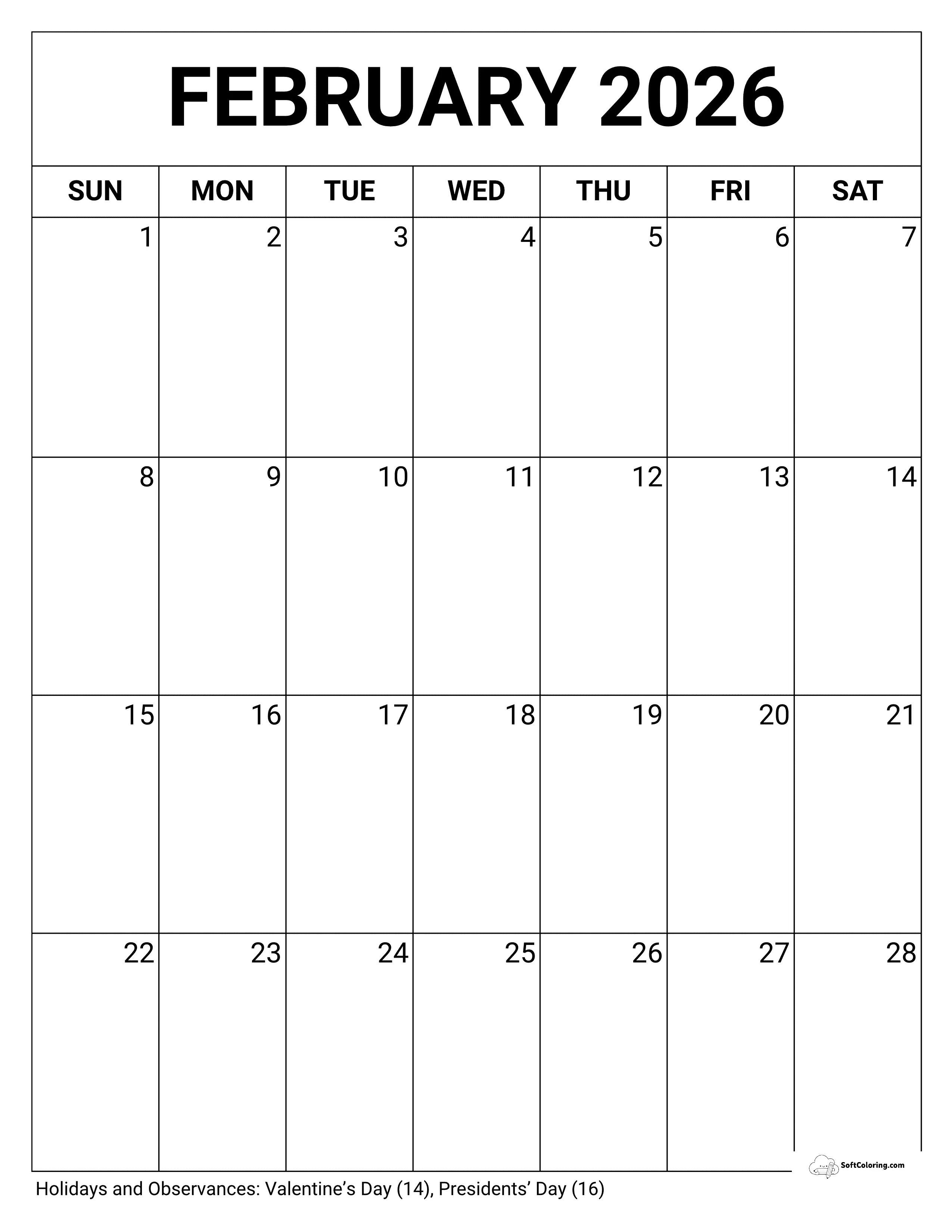 Blank February 2026 Portrait Calendar Template