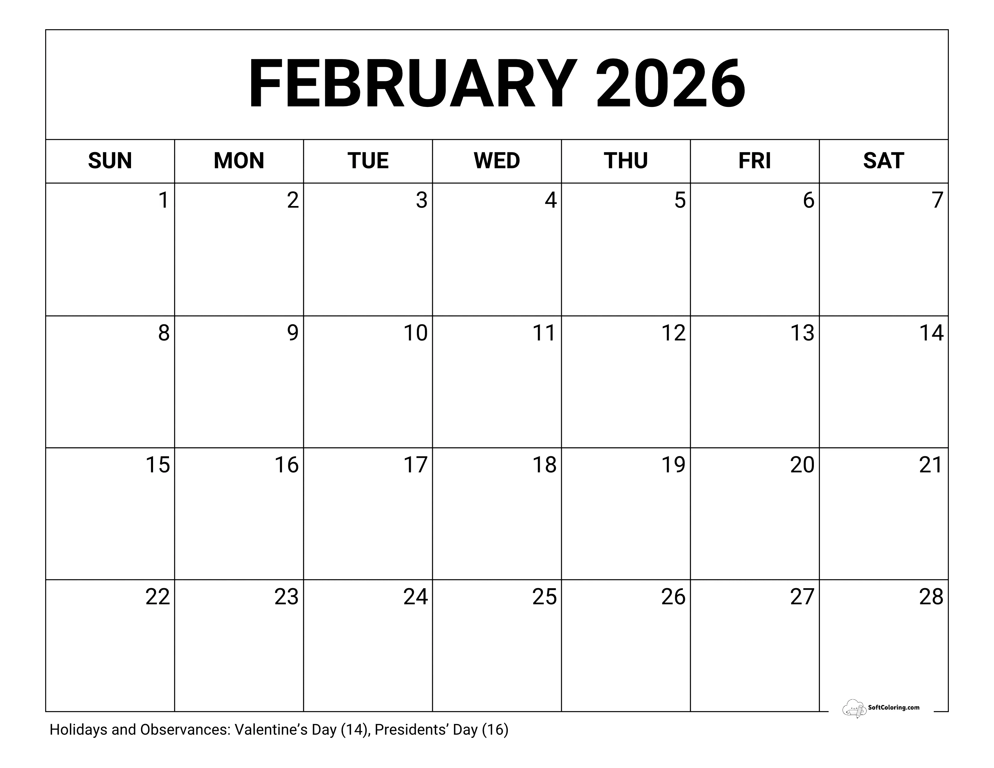 Blank February 2026 Calendar
