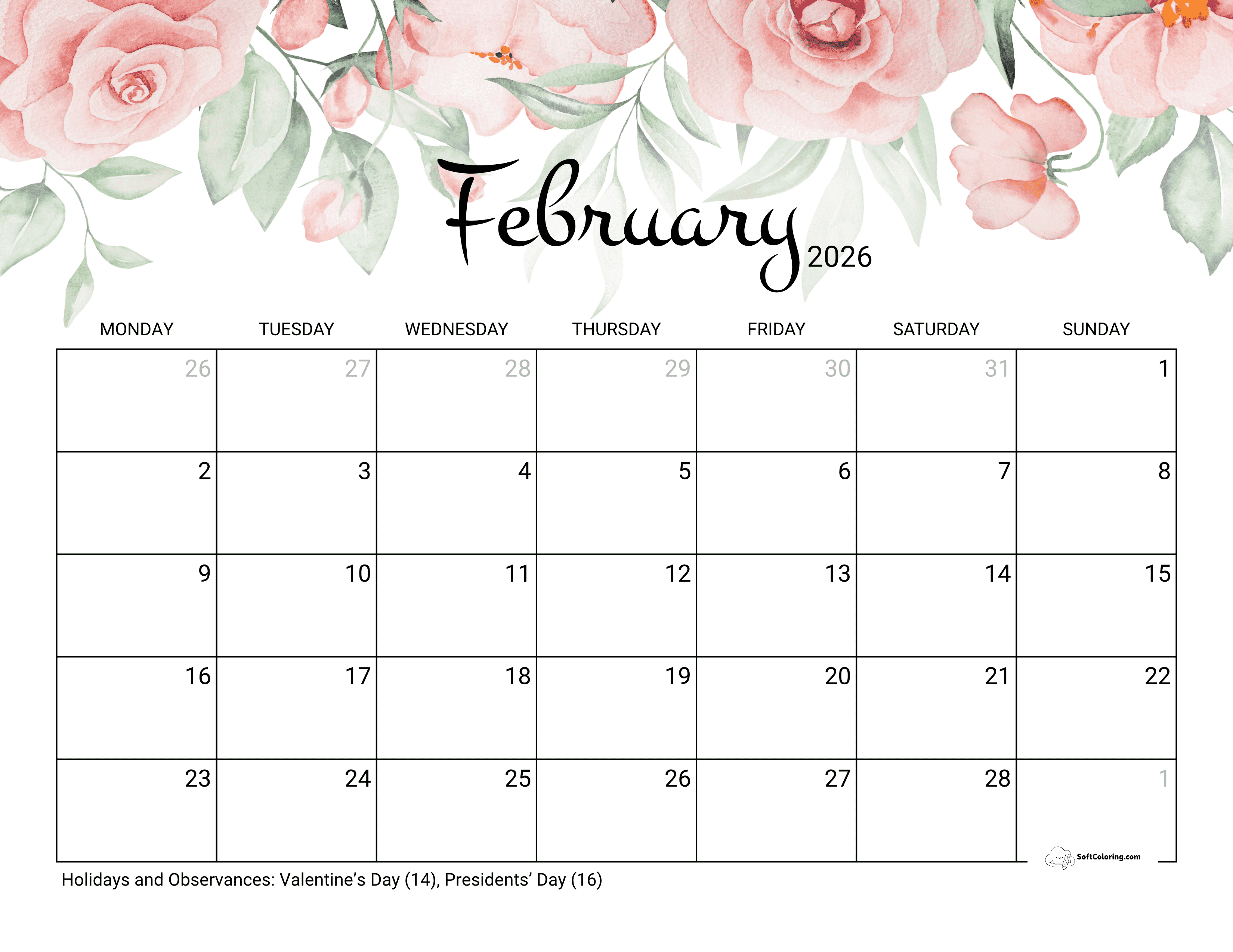 Roses - February 2026 Monday Calendar