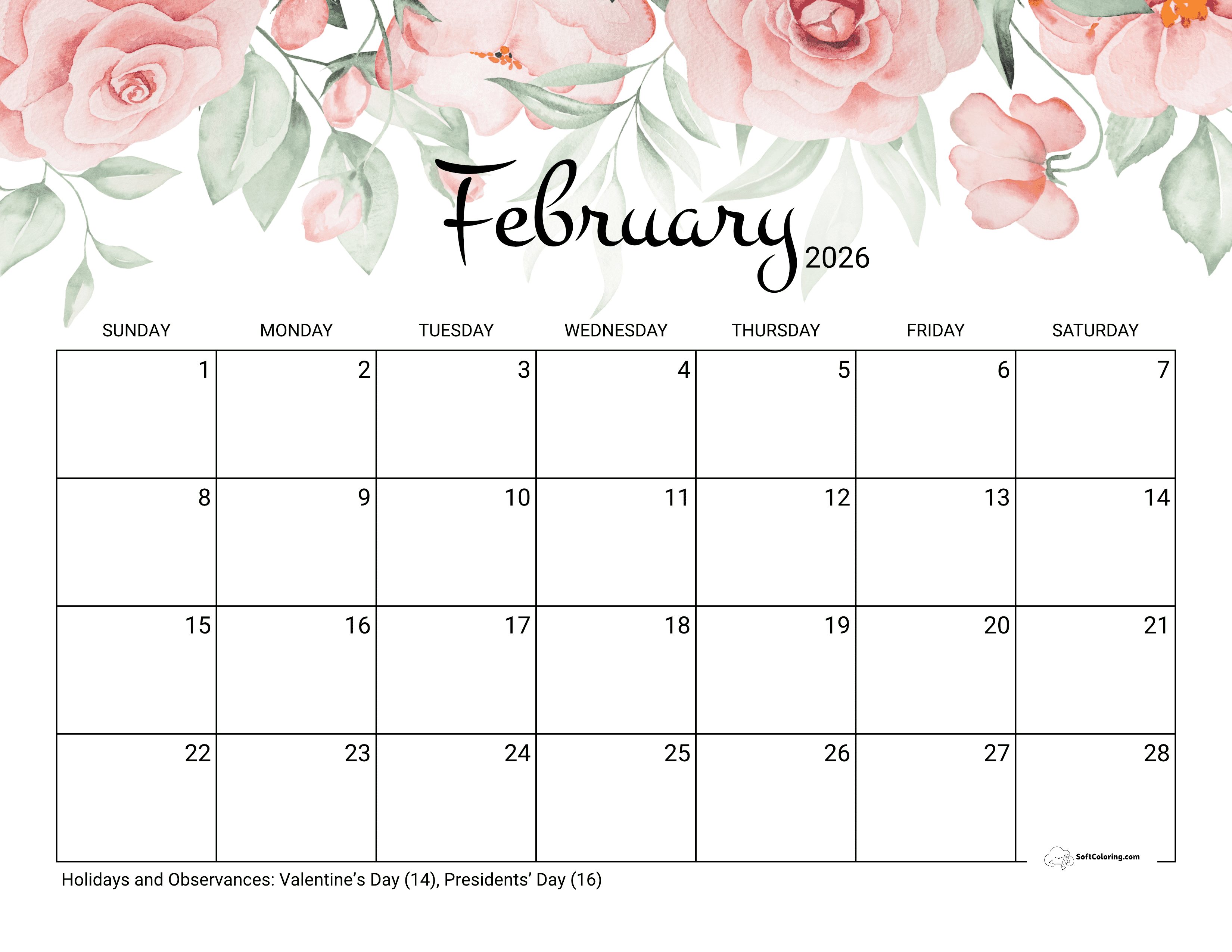 Pretty Roses February 2026 Calendar Template To Download