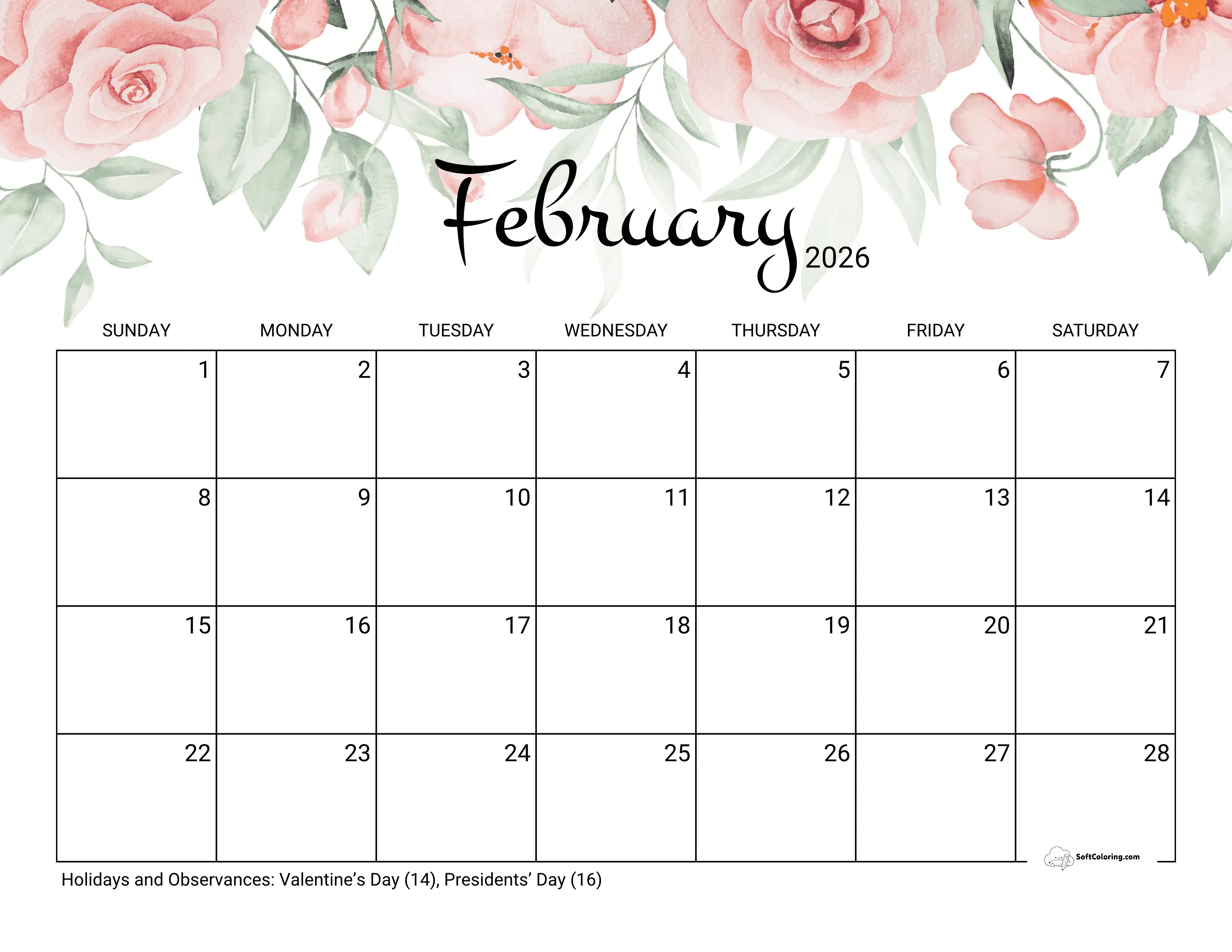 Pretty Roses February 2026 Calendar Template To Download