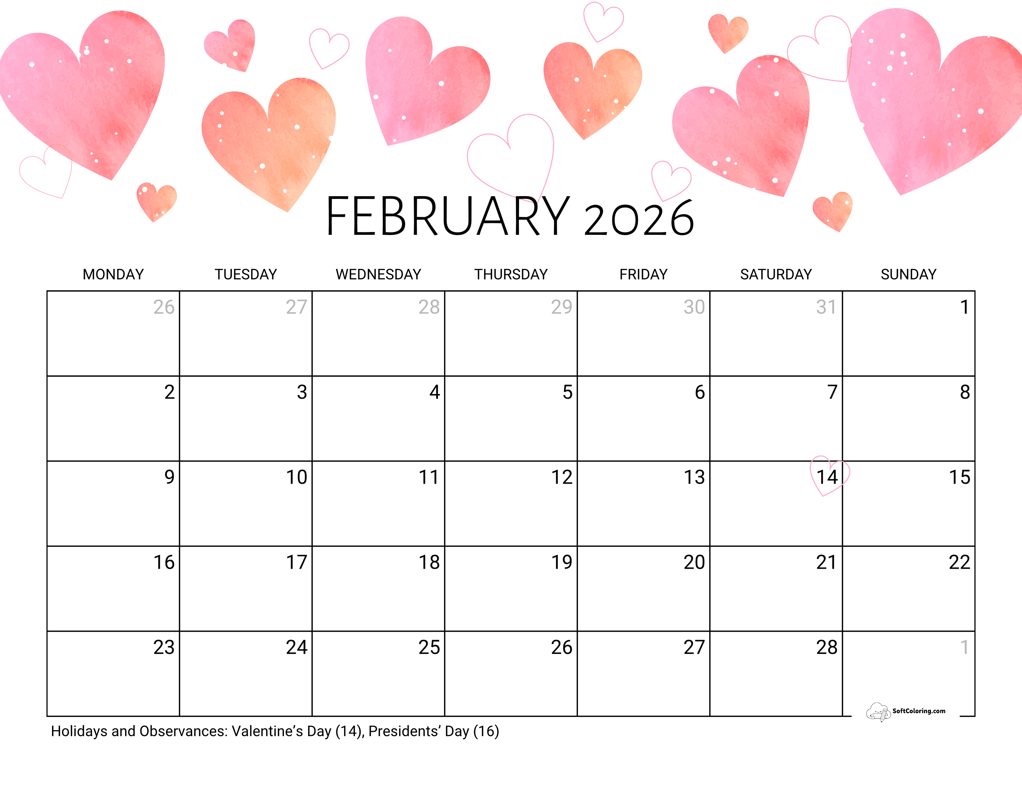 Hearts - February 2026 Monday Calendar