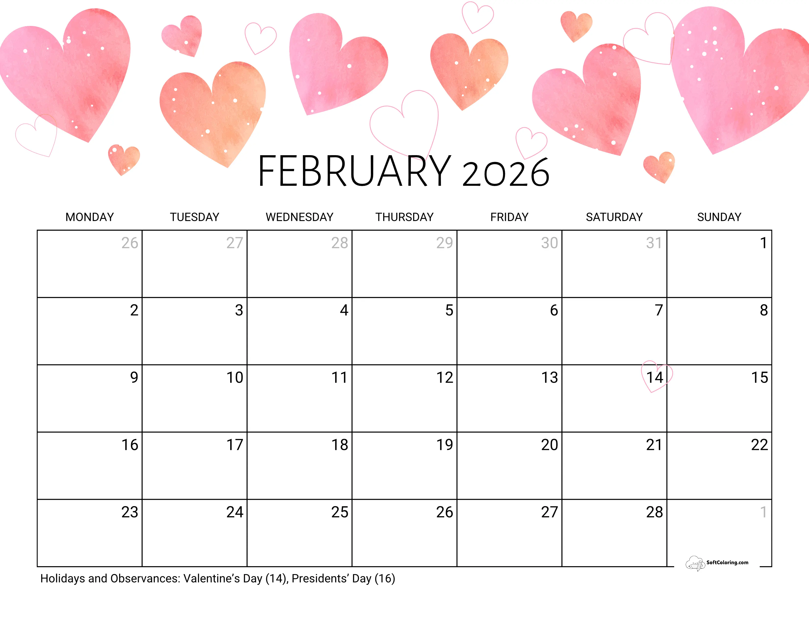 Hearts - February 2026 Monday Calendar