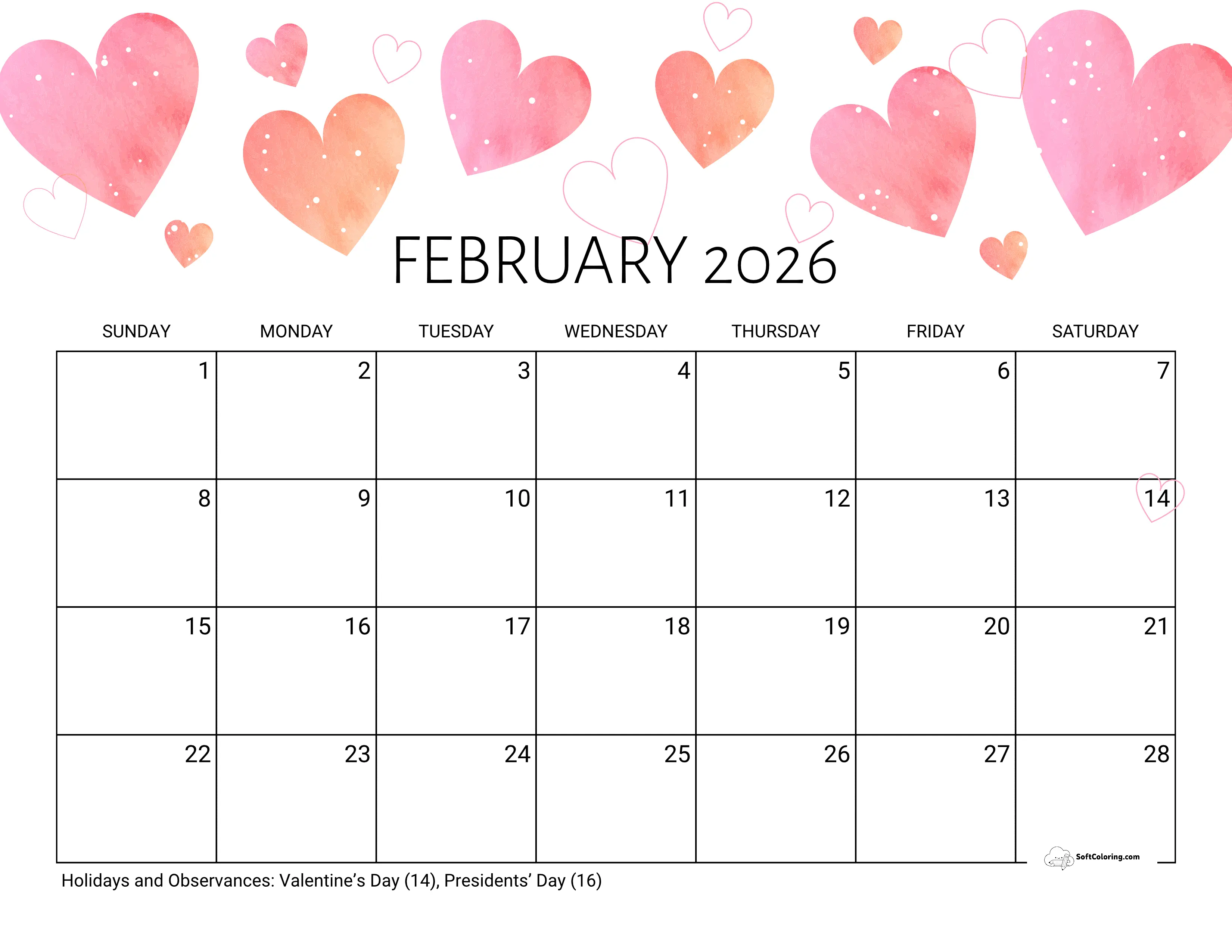 Valentine's February 2026 Calendar
