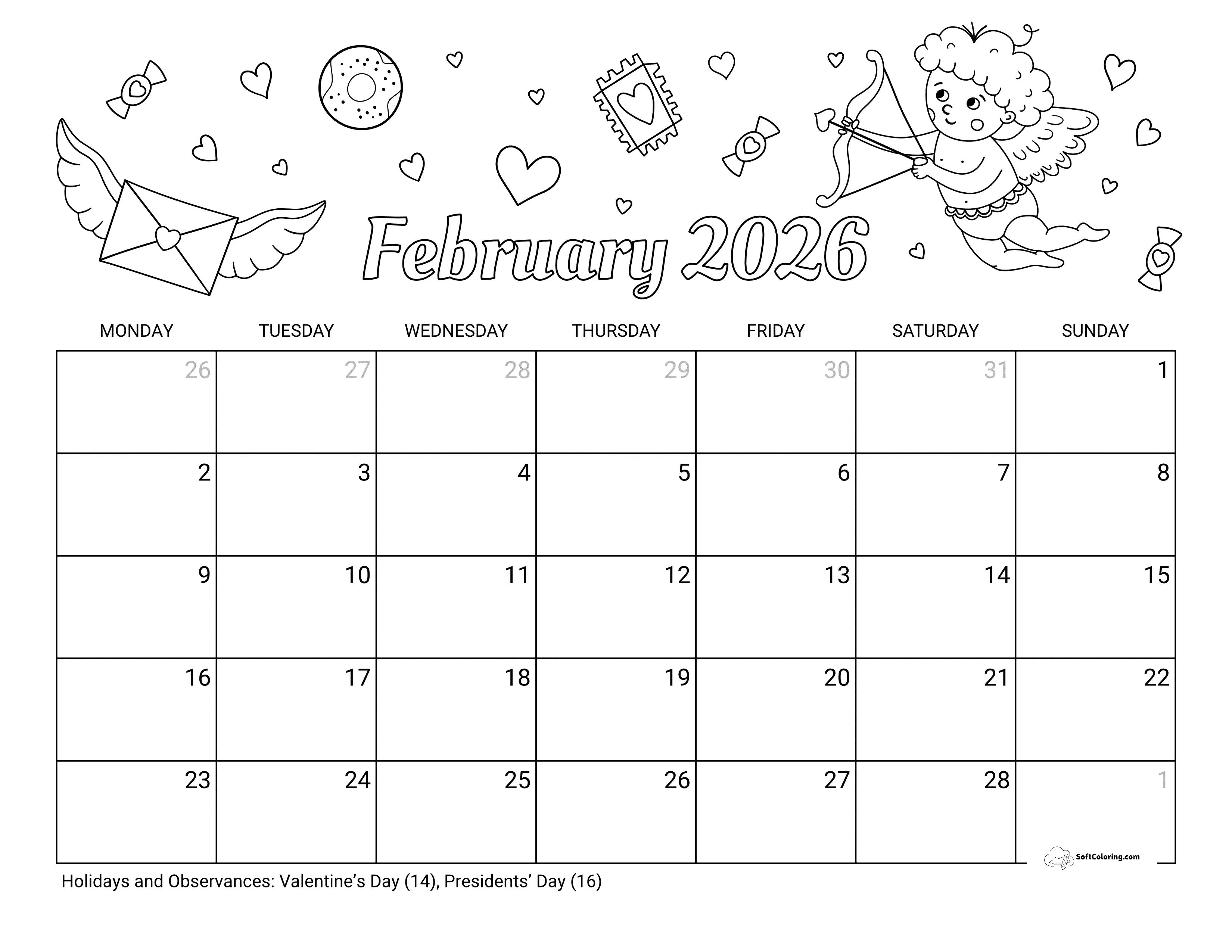 Valentine's Coloring - Feb Monday Calendar