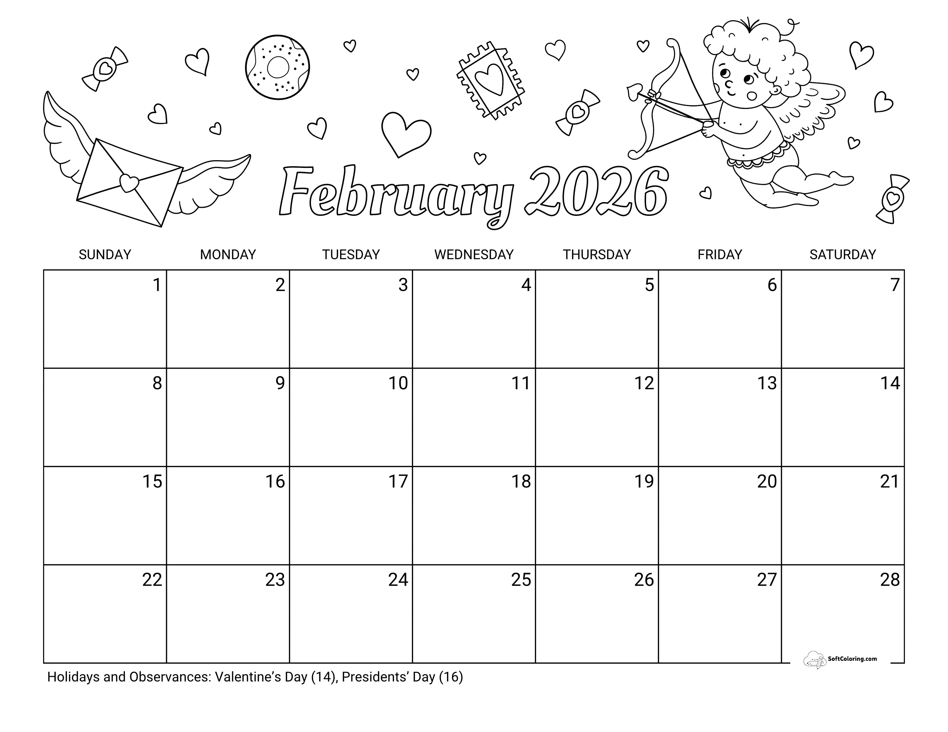 Cute Valentine's Day February Coloring Calendar Printable For Kids