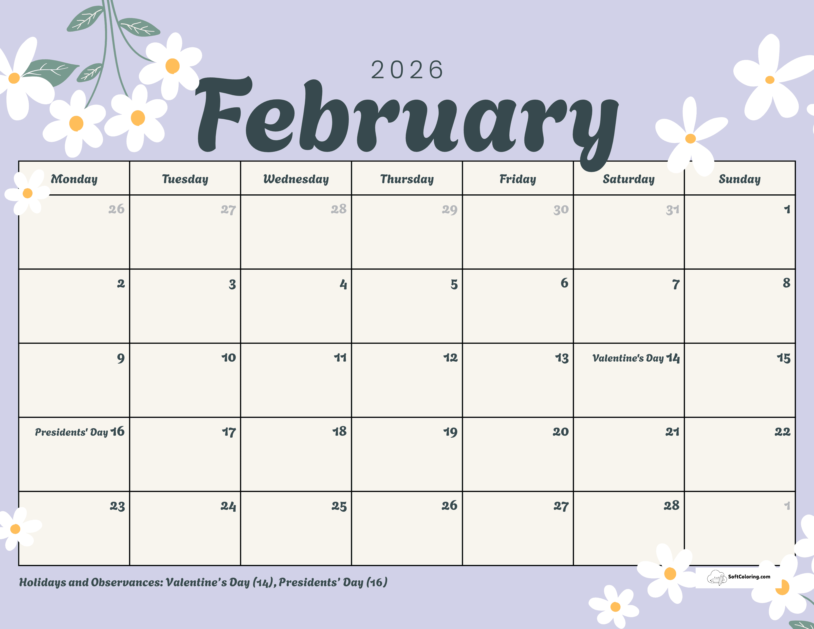 Daisies- February 2026 Monday Calendar