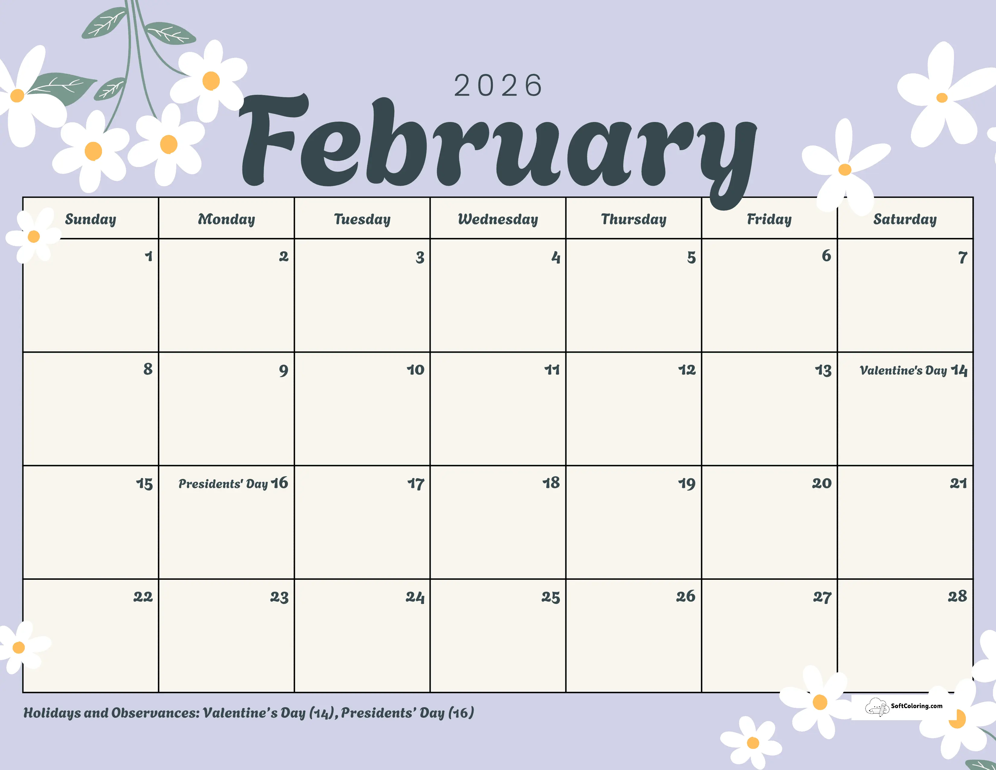 Pretty Lilac Daisies Printable February 2026 Printable Calendar