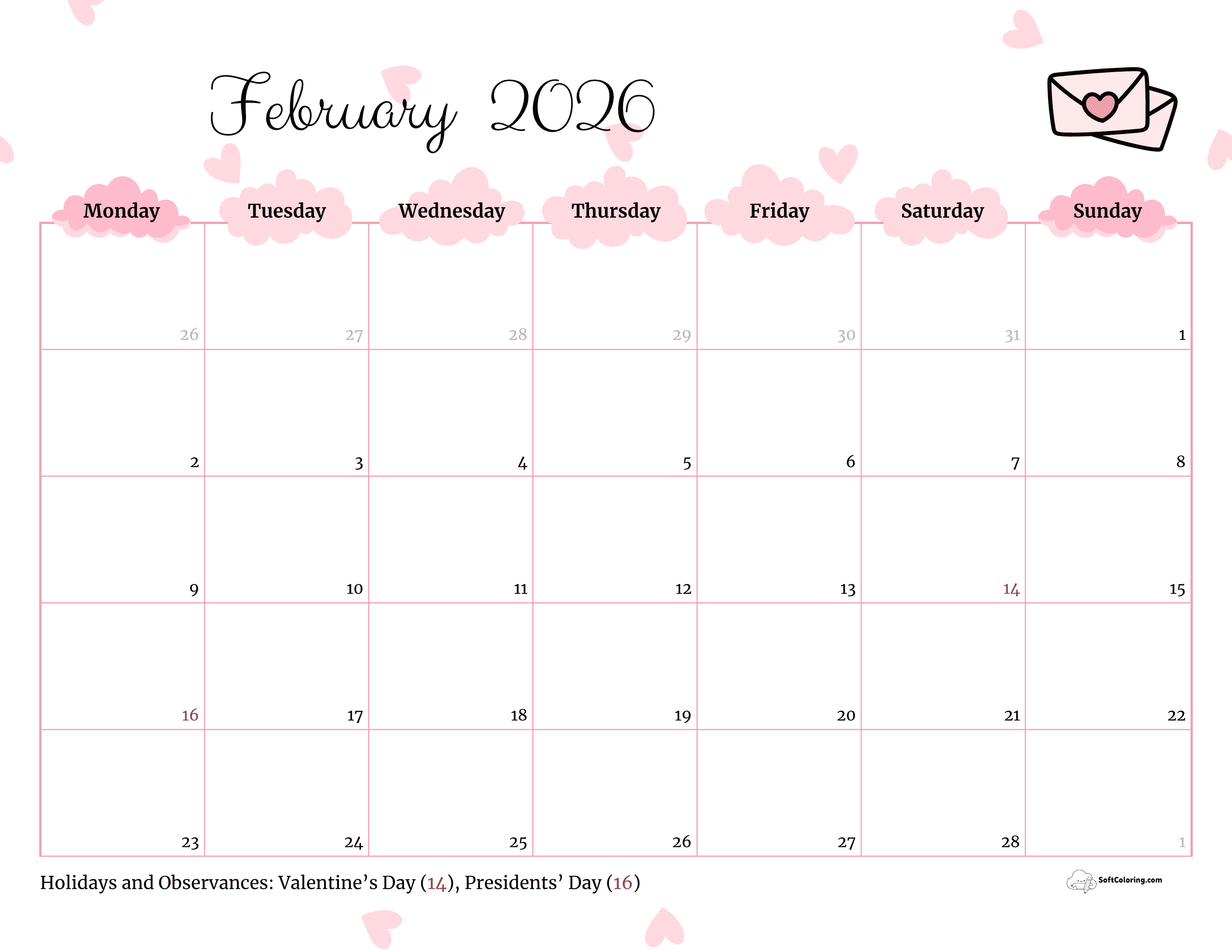Valentine's - February 2026 Monday Calendar