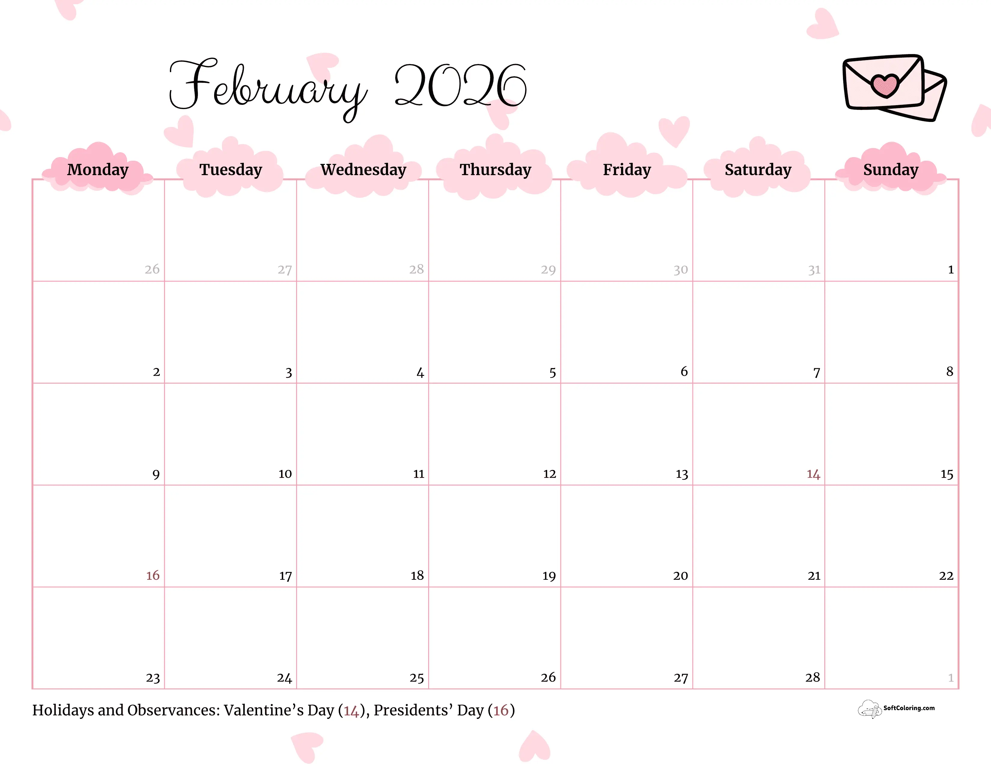 Valentine's - February 2026 Monday Calendar