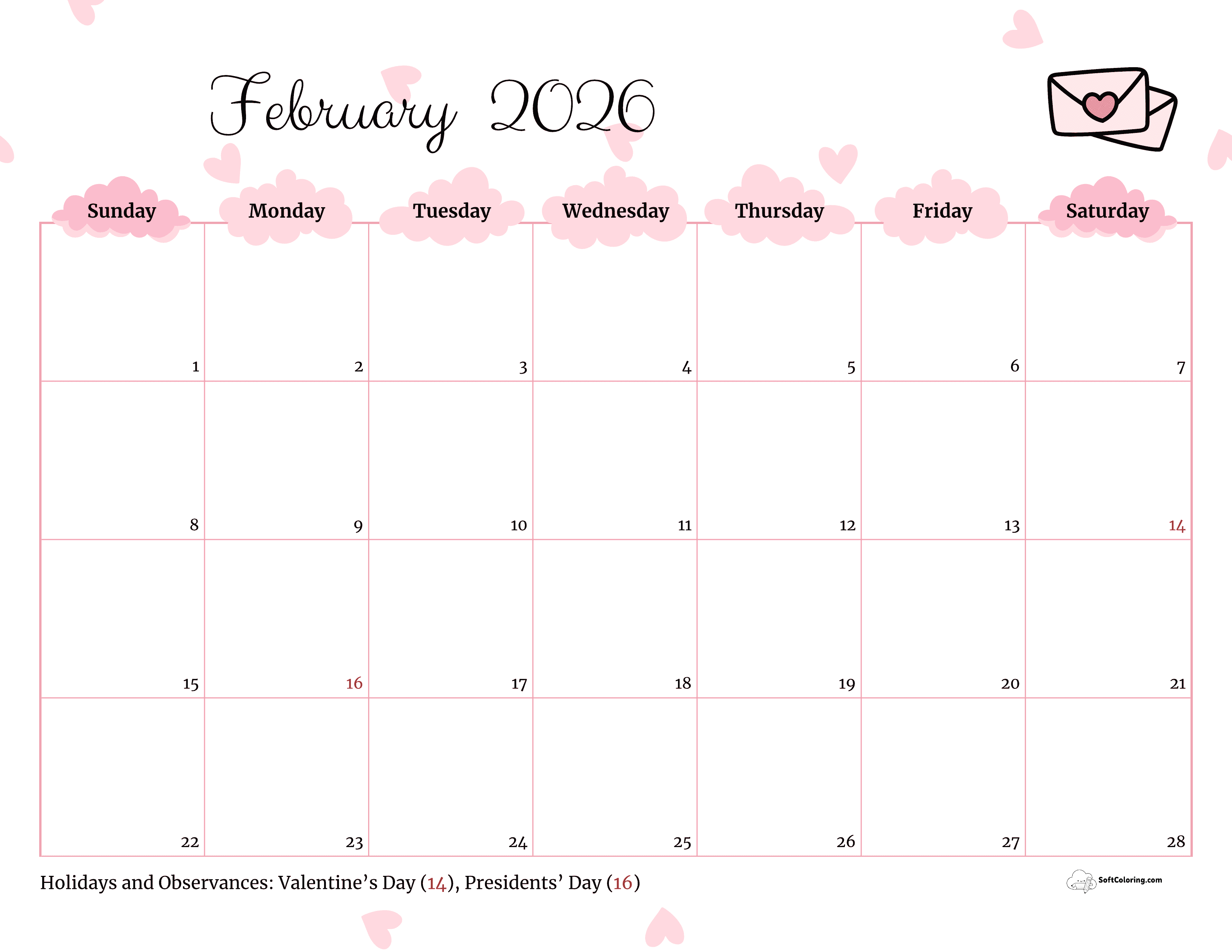 Cute Simple Valentine's Day Printable February Calendar 2026