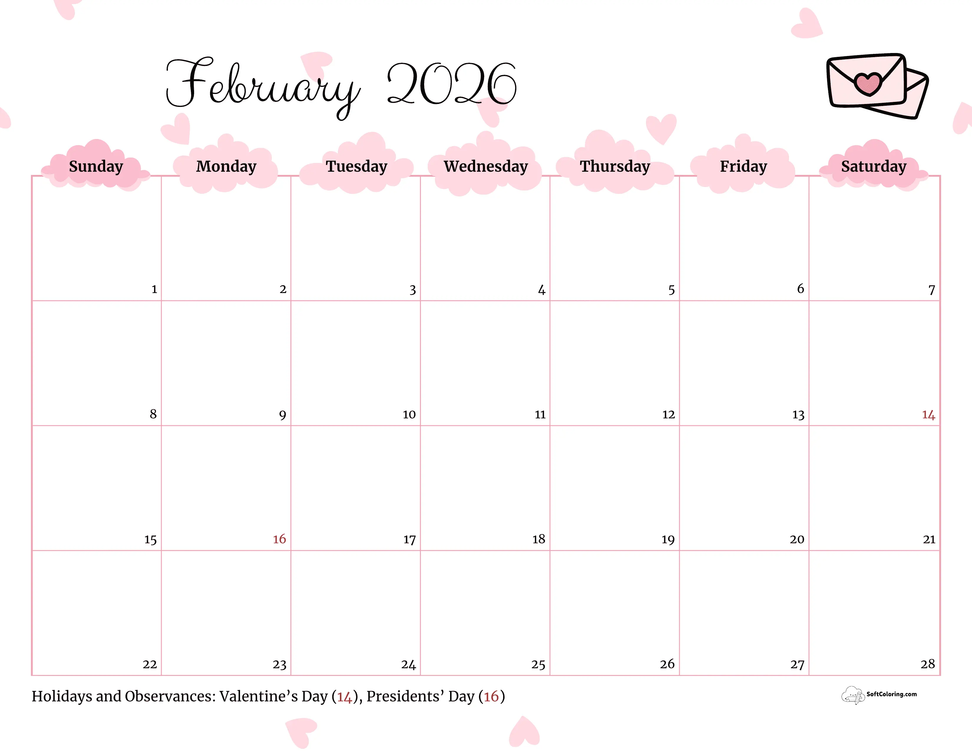 Cute Simple Valentine's Day Printable February Calendar 2026