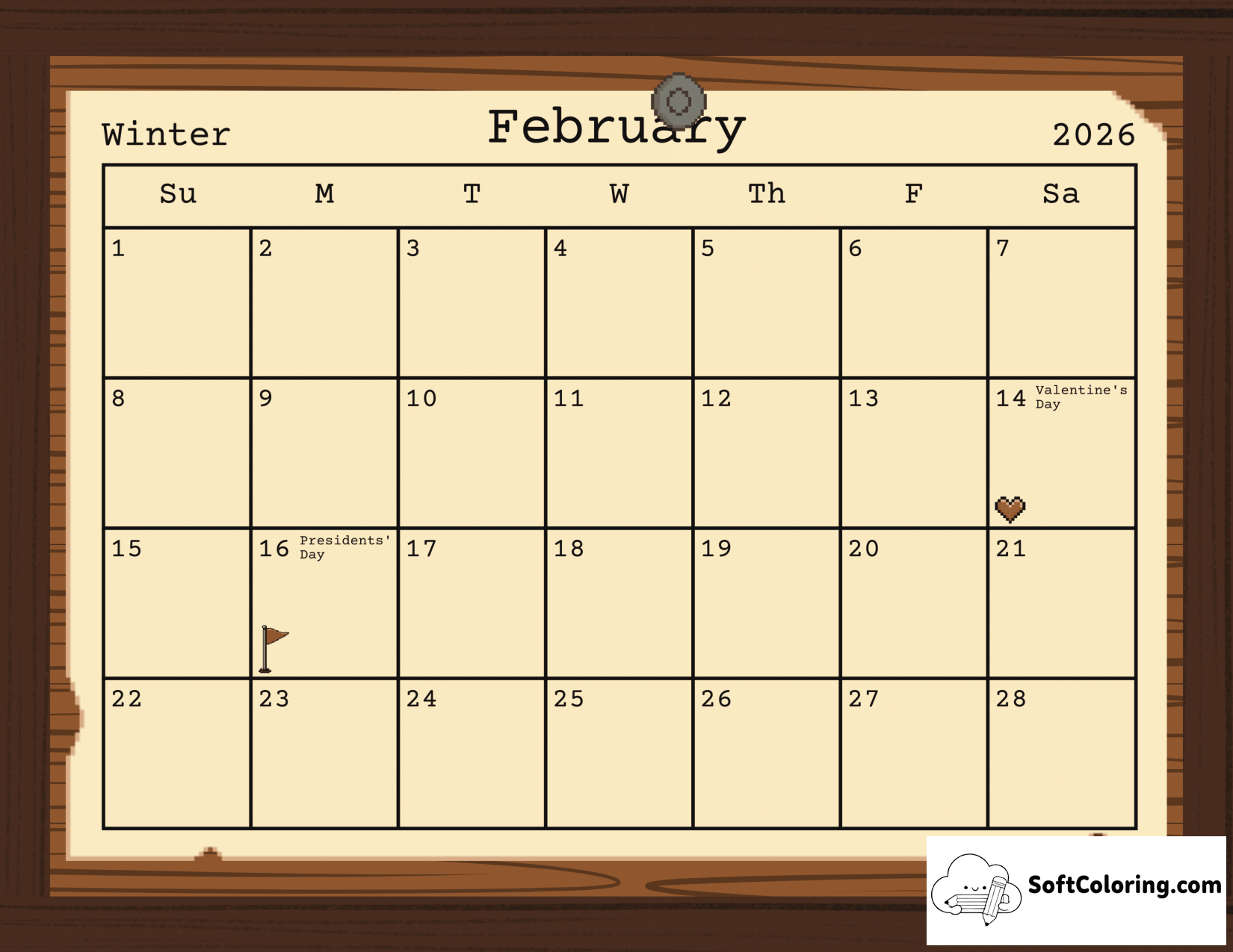 Simple Pixel Art Bulletin Board Calendar Template February 2026