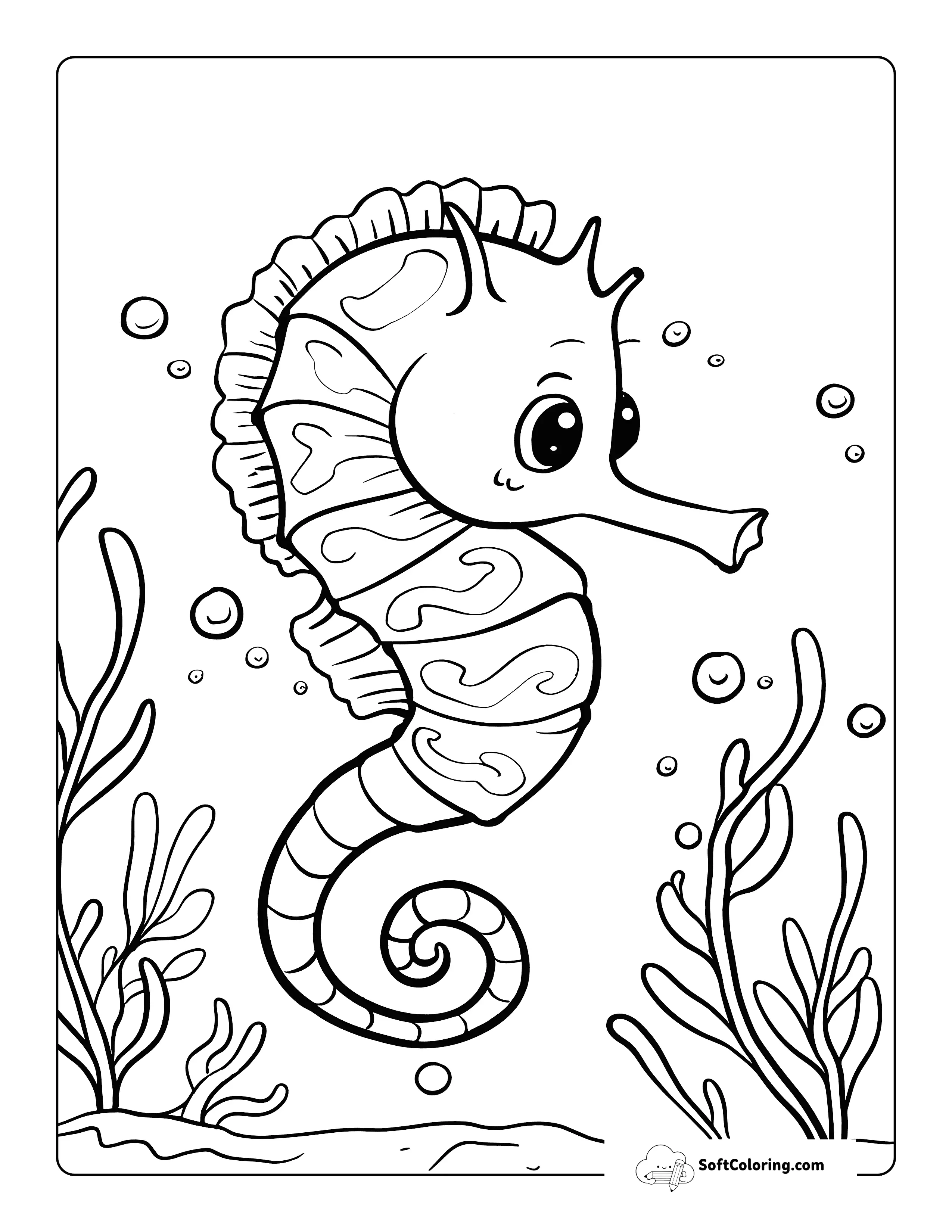 Easy Sea Horse Preschool Sea Animal Coloring Page