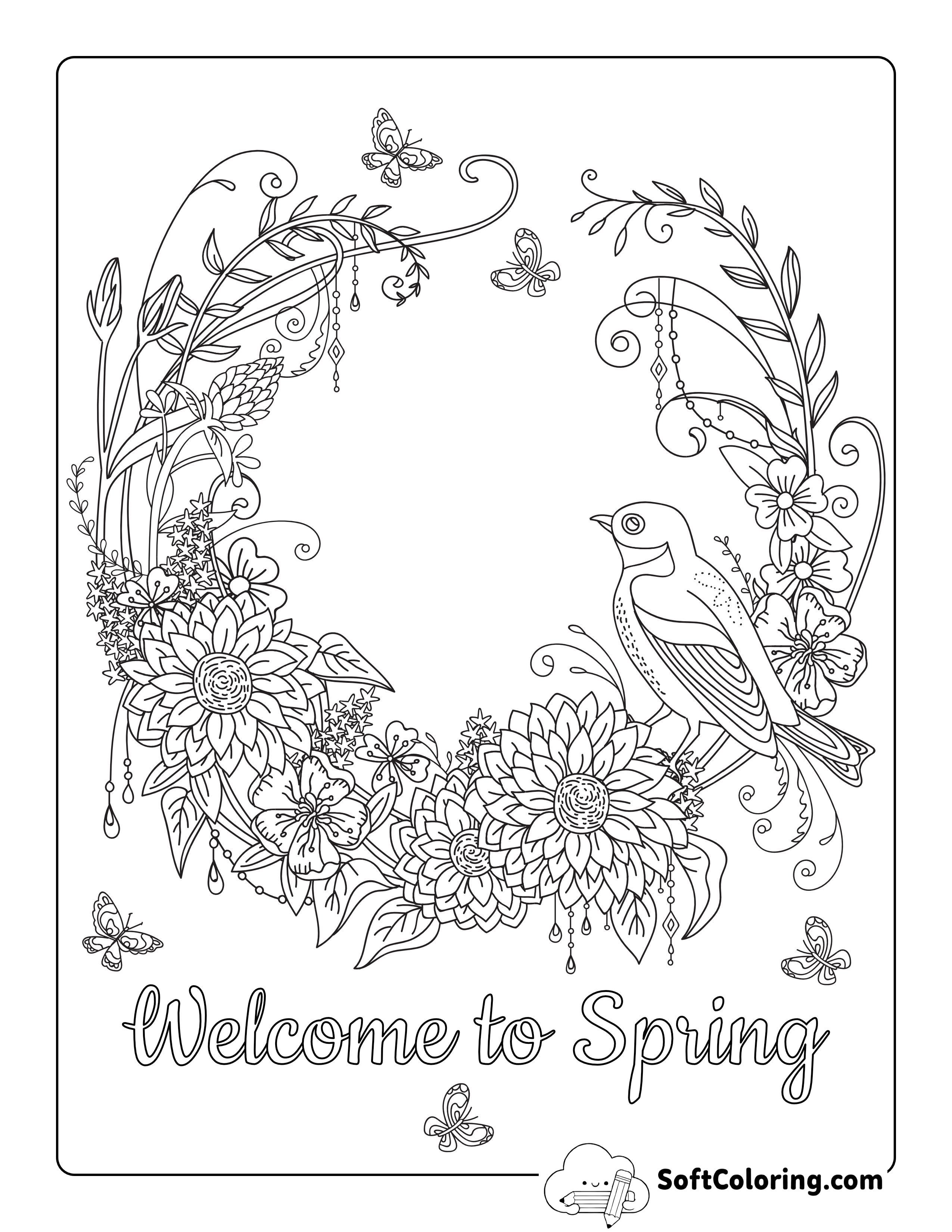 Detailed Bird in Flower Garden to Color