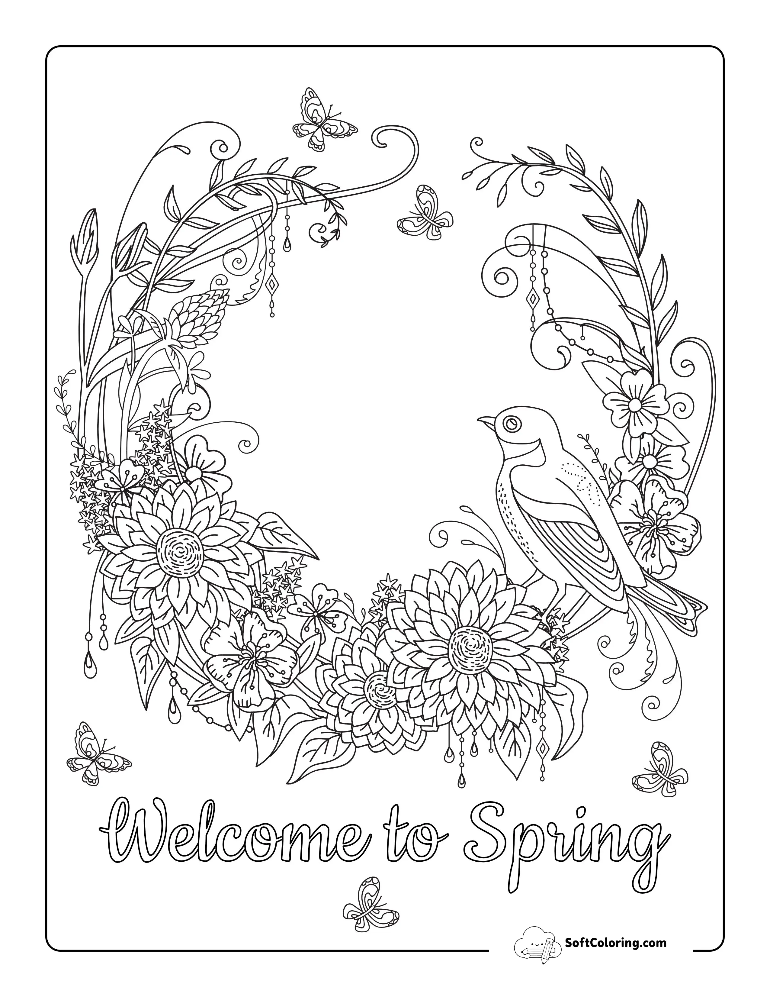 Detailed Bird In Flower Garden To Color