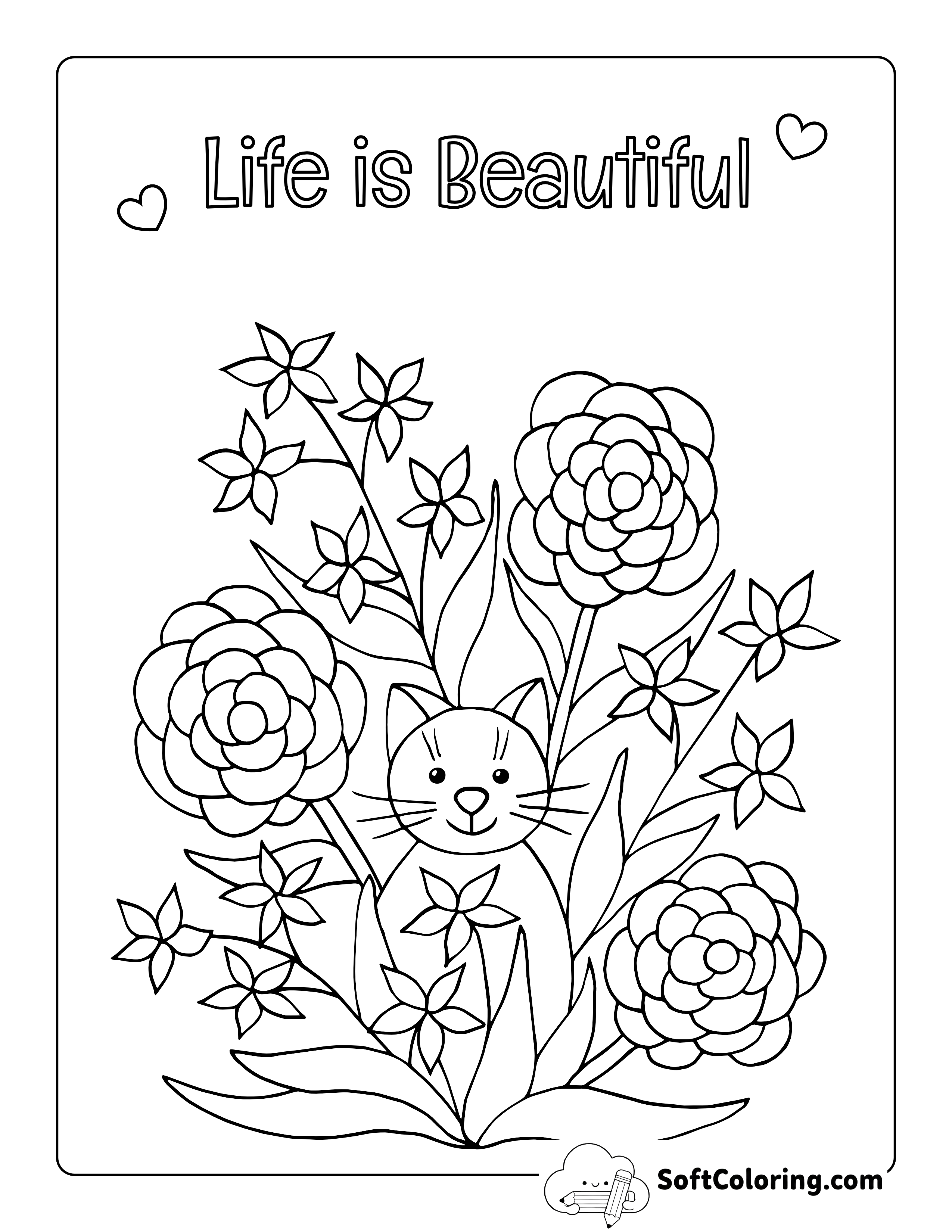 Cute Cat in the Flowers Coloring Sheet