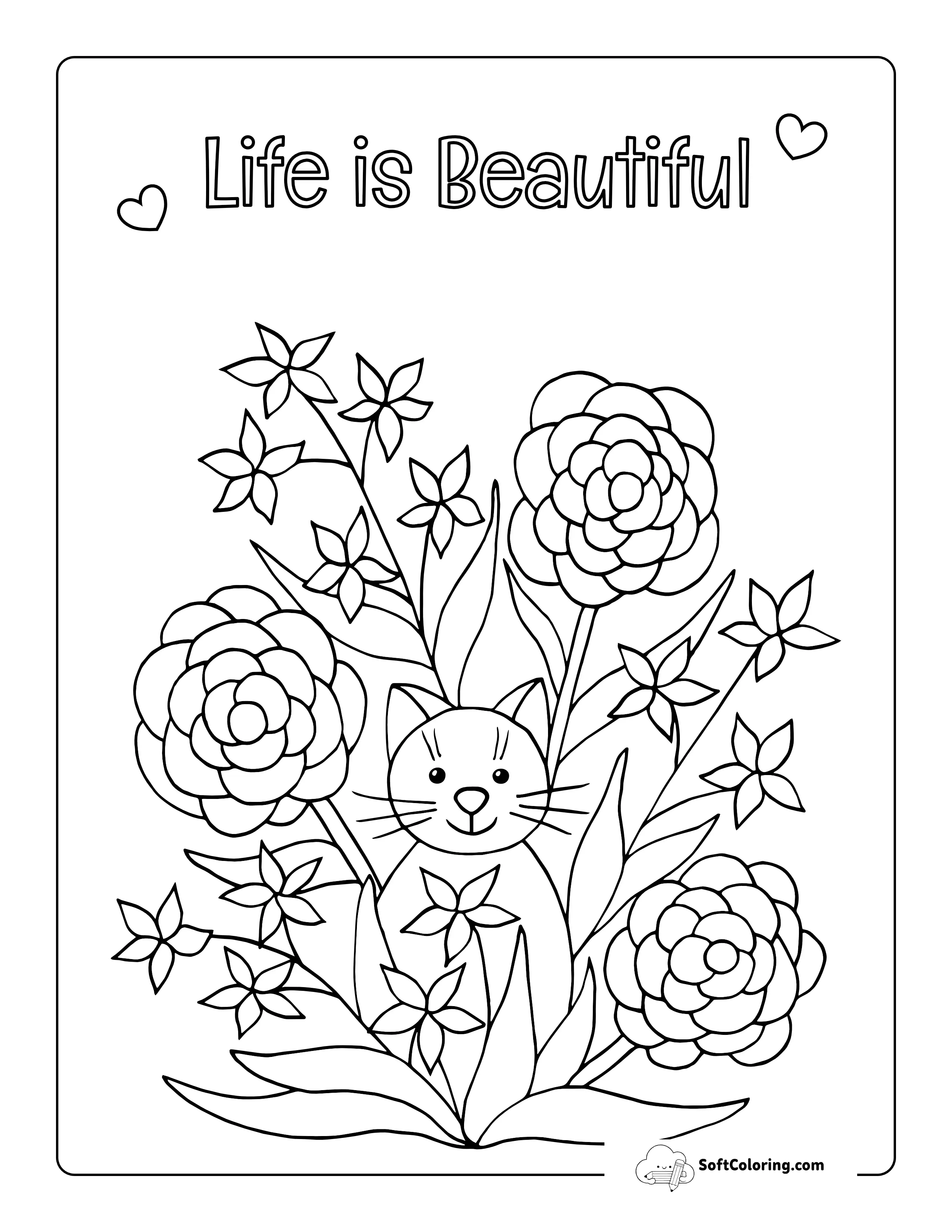 Cute Cat In The Flowers Coloring Sheet