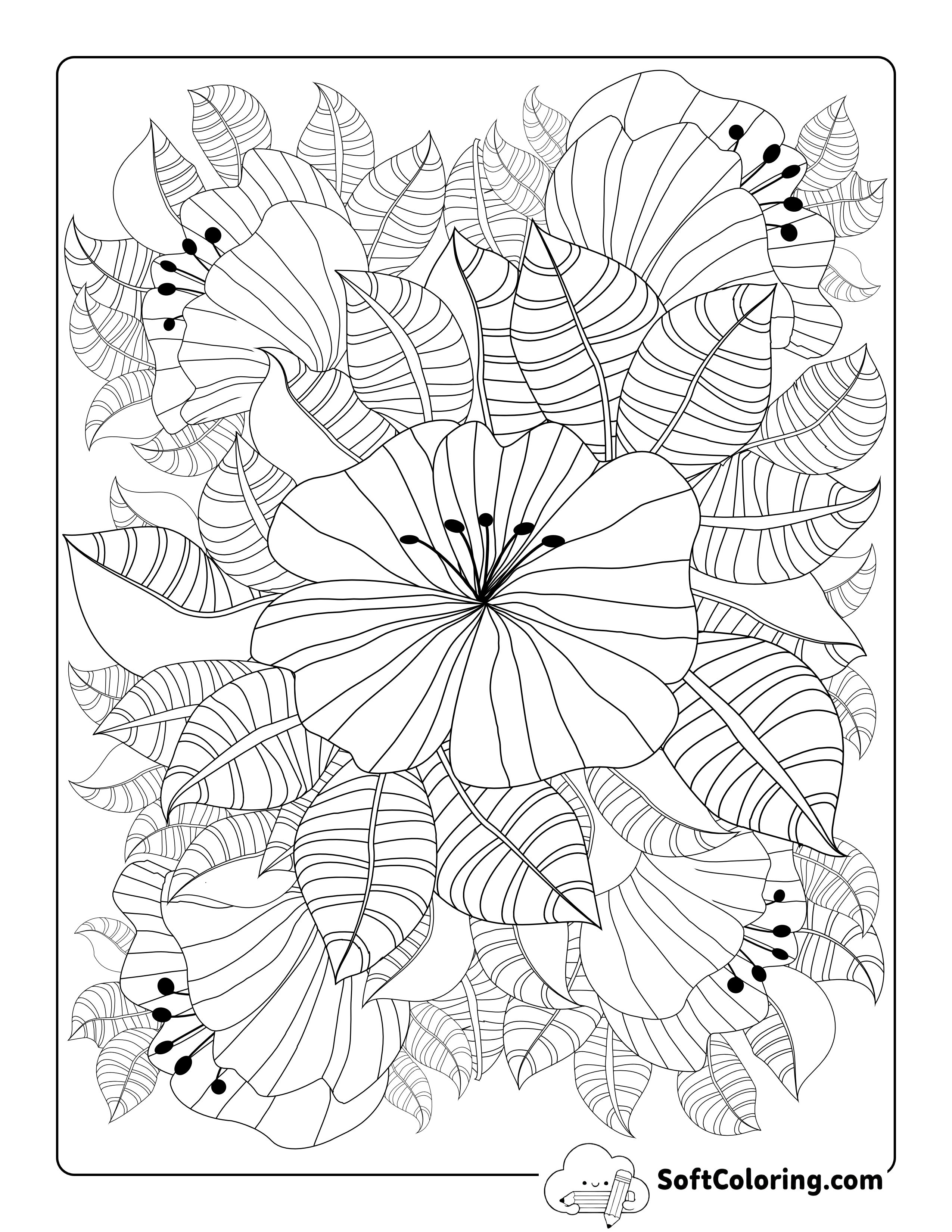Patterned Leaves and Flowers Coloring Page