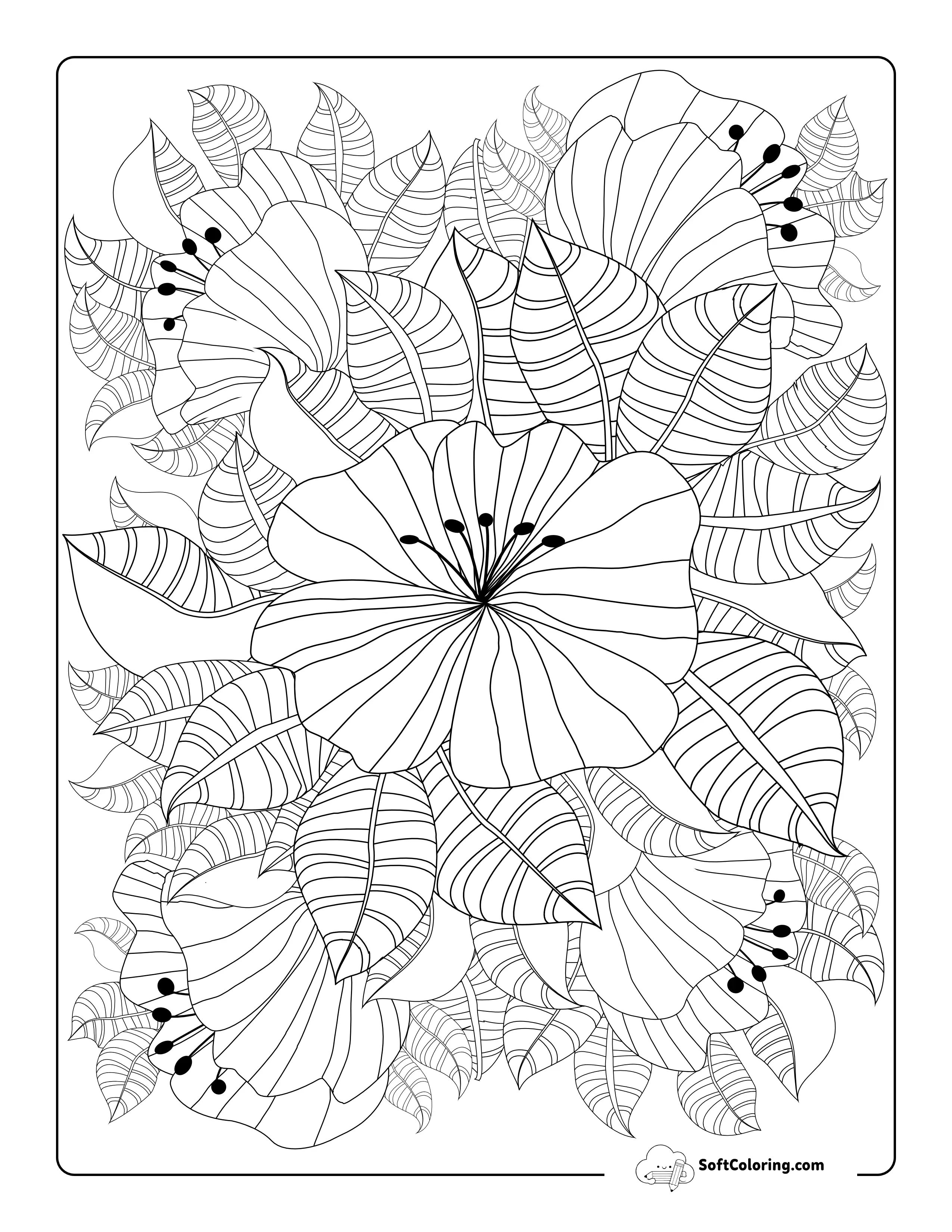 Patterned Leaves And Flowers Coloring Page
