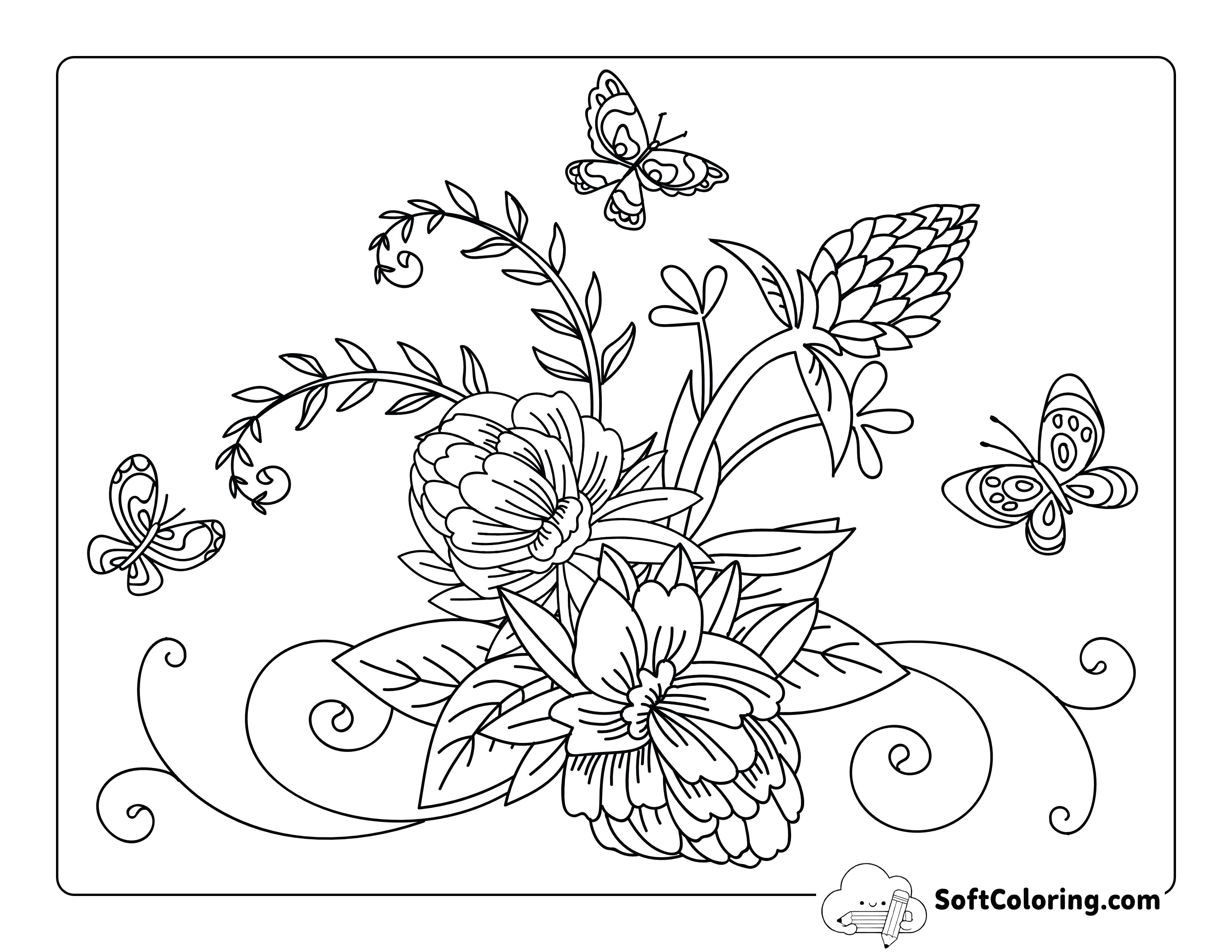 Butterflies and Flowers Coloring Page