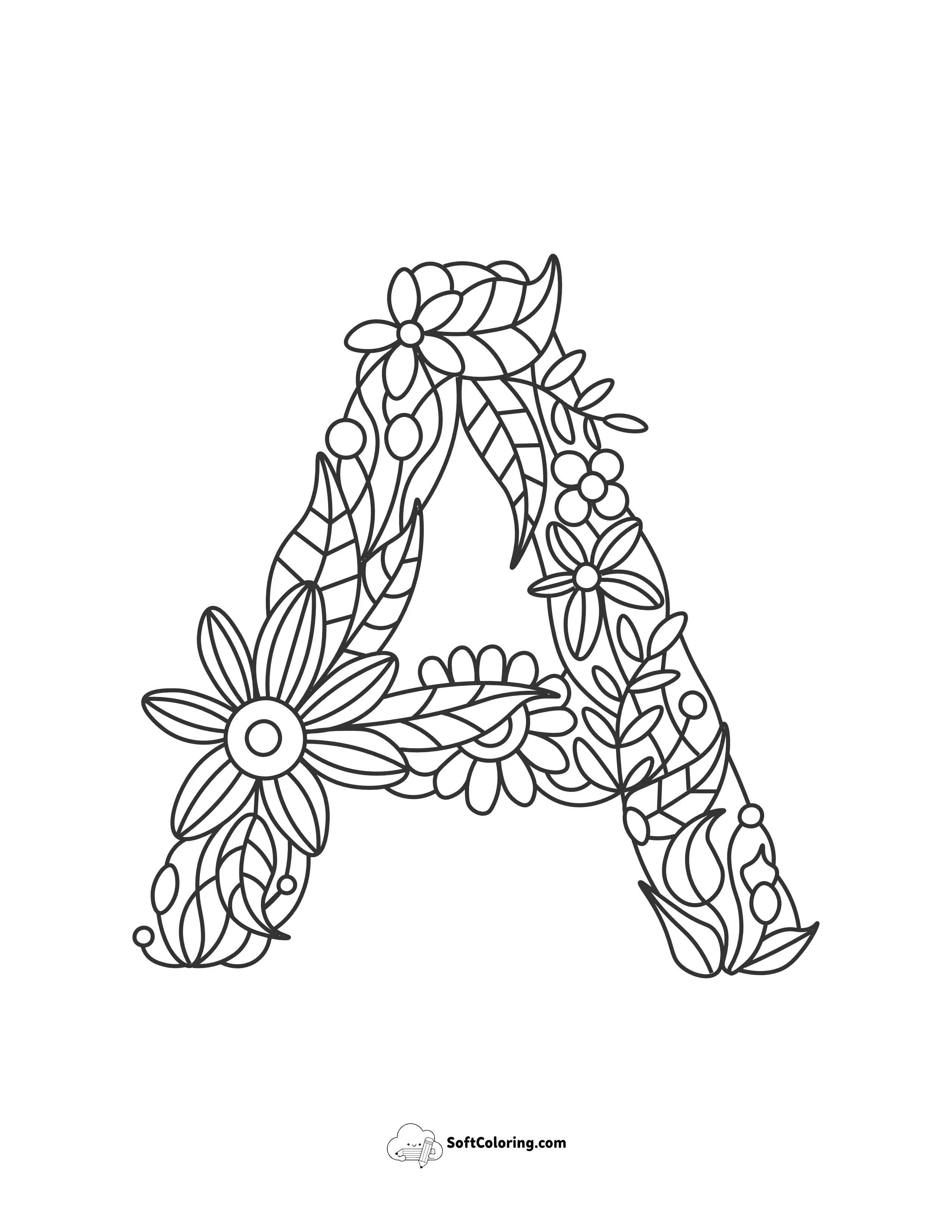 Letter A Coloring Page Flower Doodle