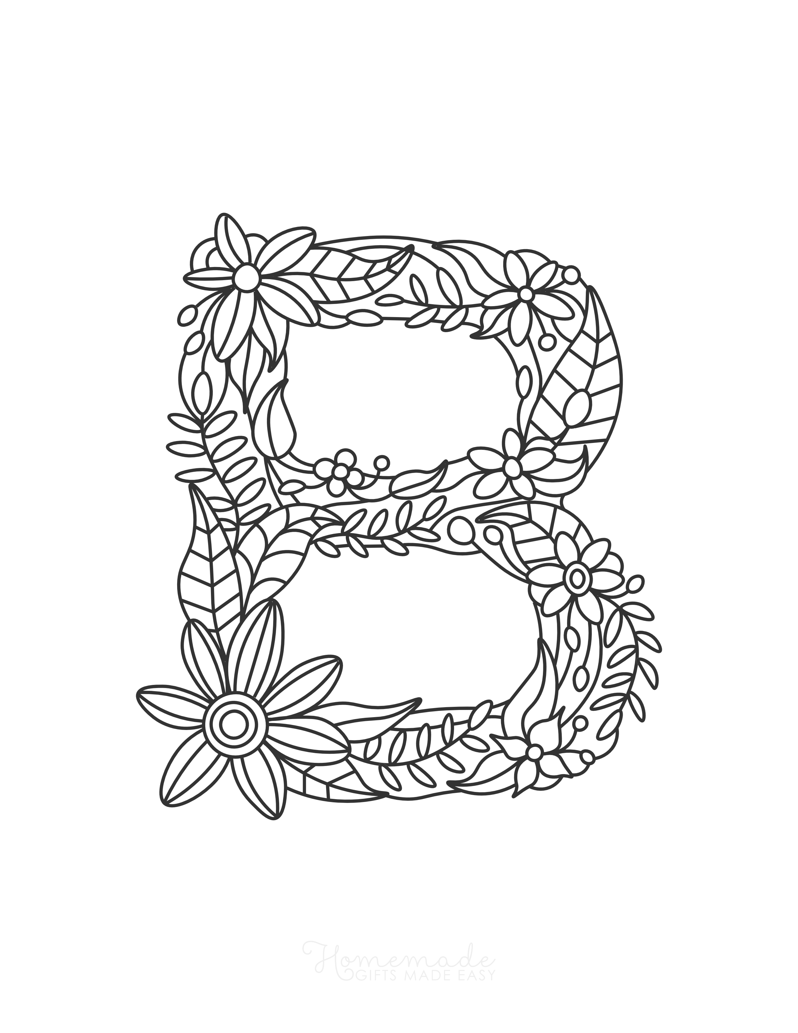 Letter "B" Floral Alphabet Coloring Page