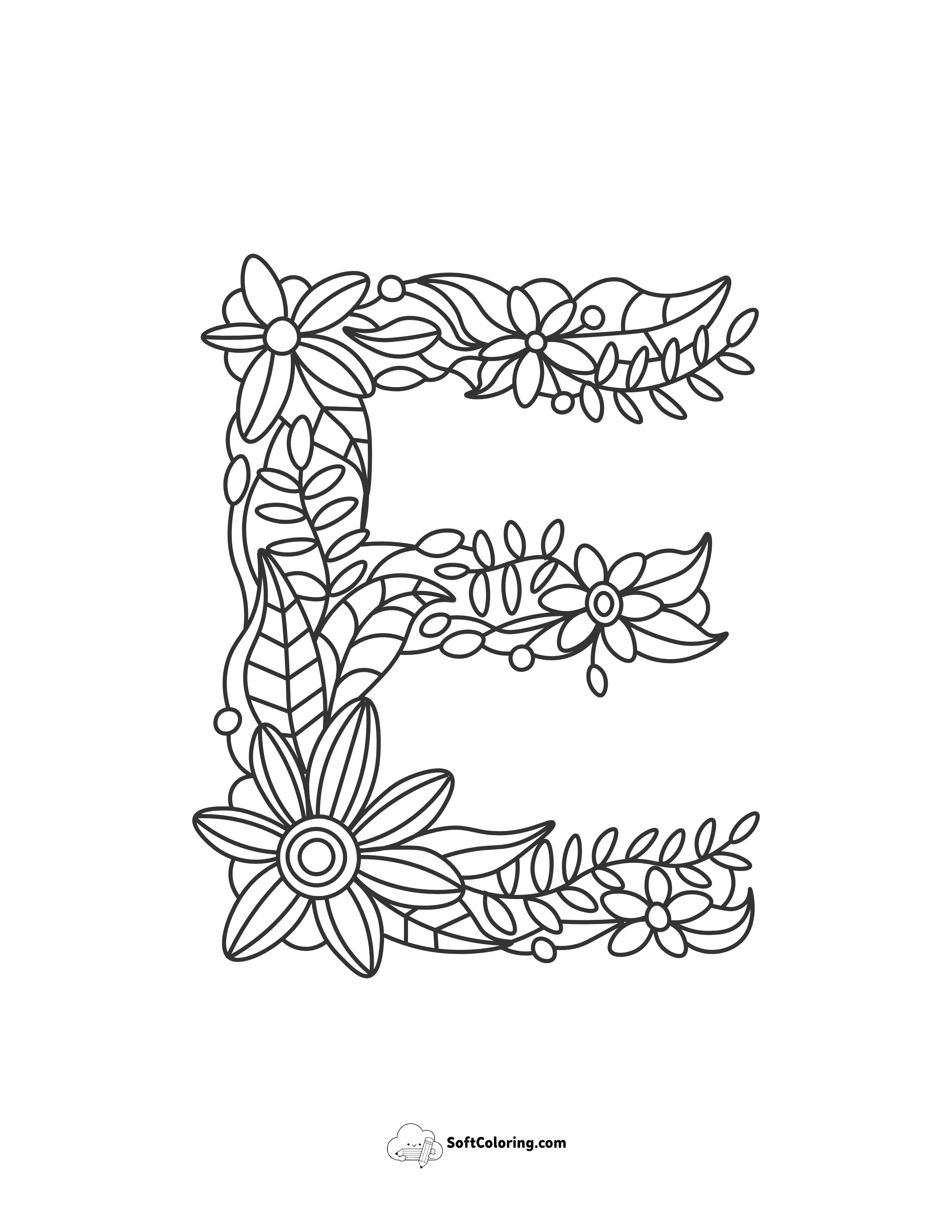 Letter "E" Flower Abc Coloring Page