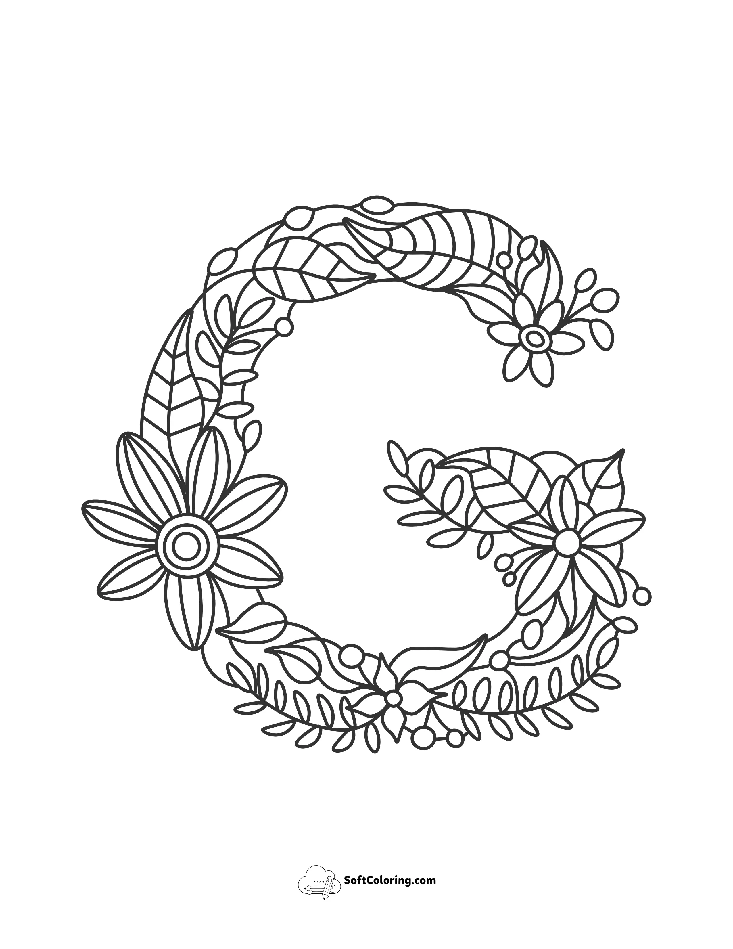 Letter "G" Floral Alphabet Coloring Page