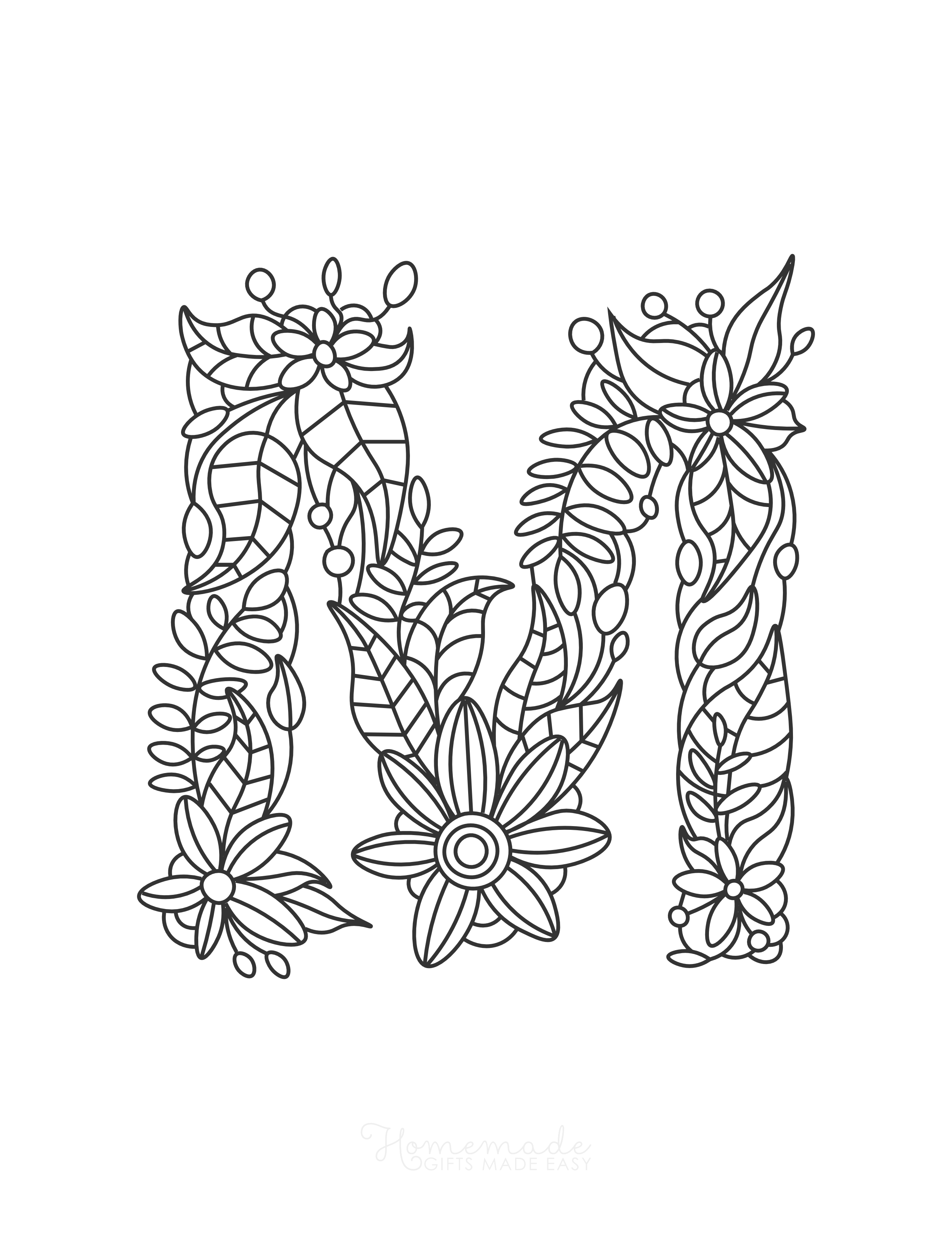 Letter "M" Printable Flower Doodle