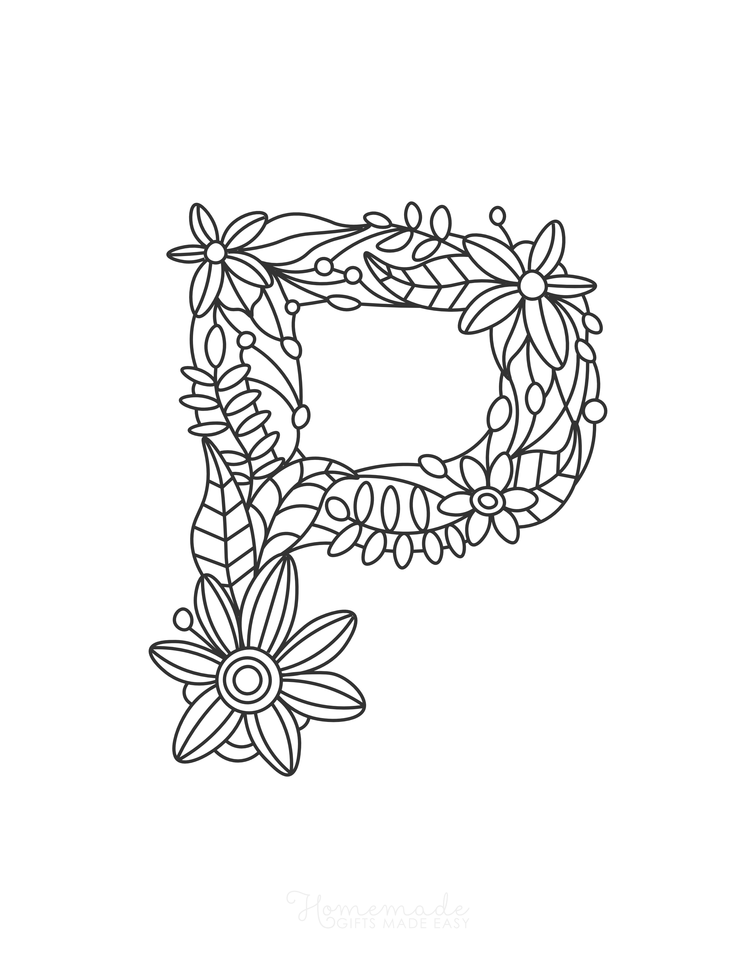 Letter "P" Flower Doodle to Color
