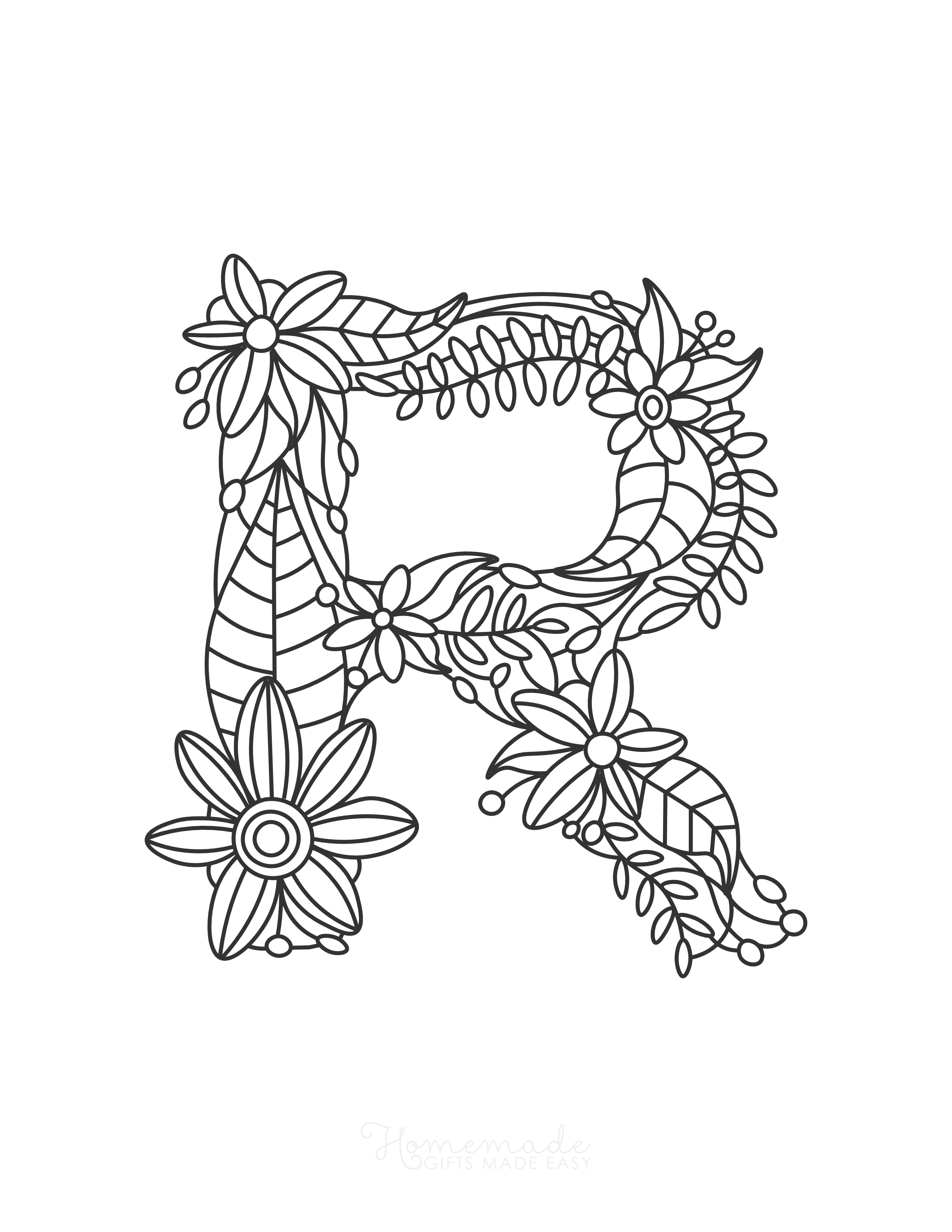 Letter "R" Floral Alphabet Coloring Page