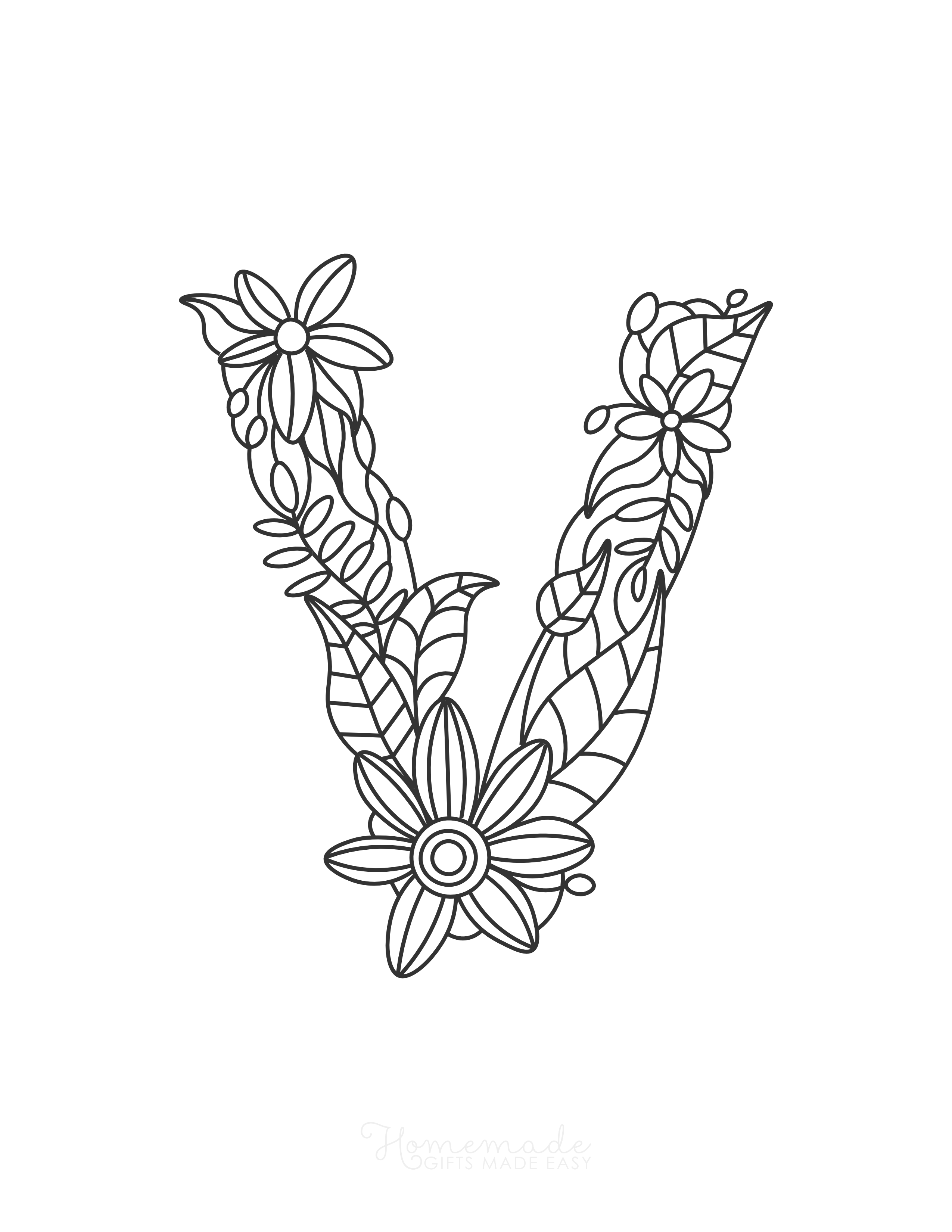Letter "V" Floral ABC Coloring Page