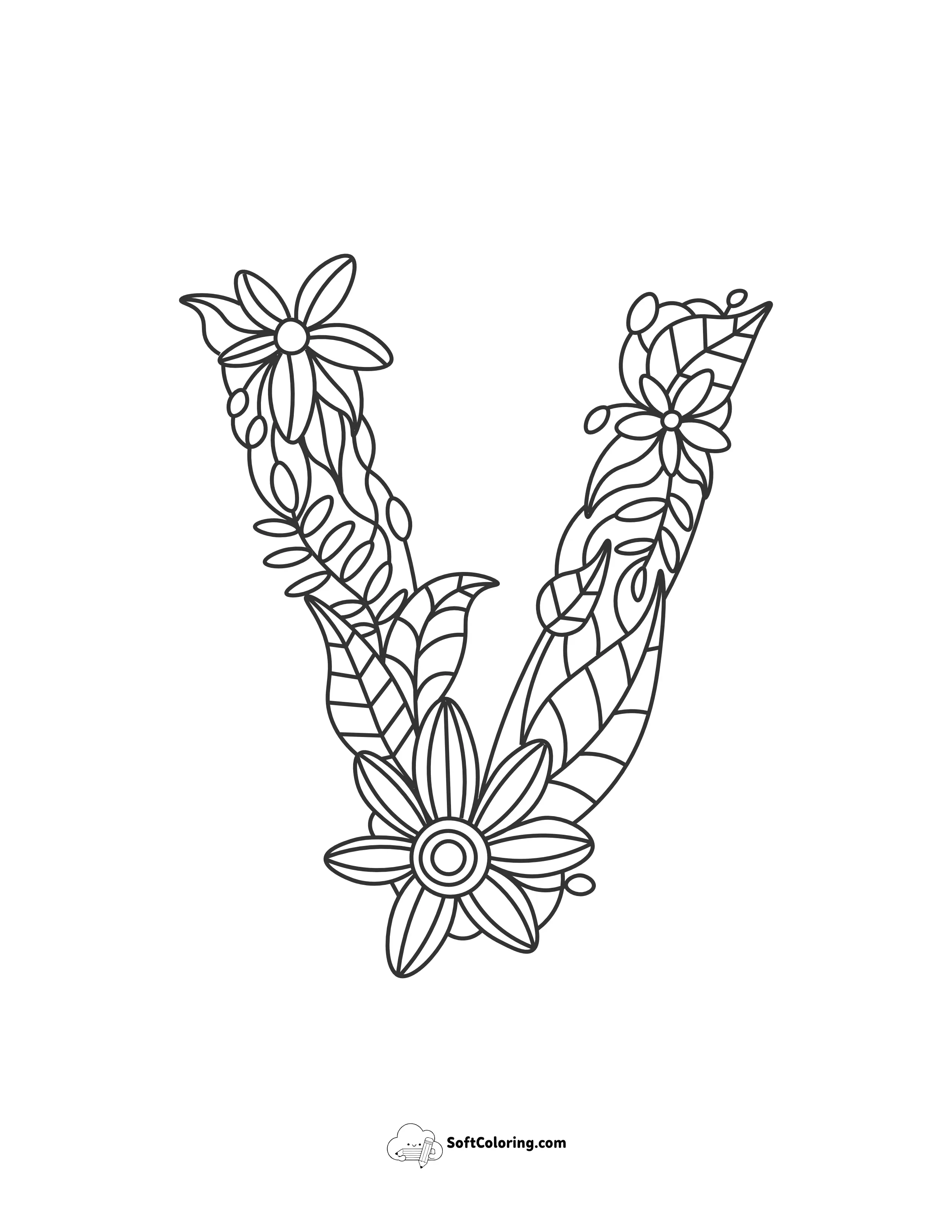 Letter "V" Floral Abc Coloring Page