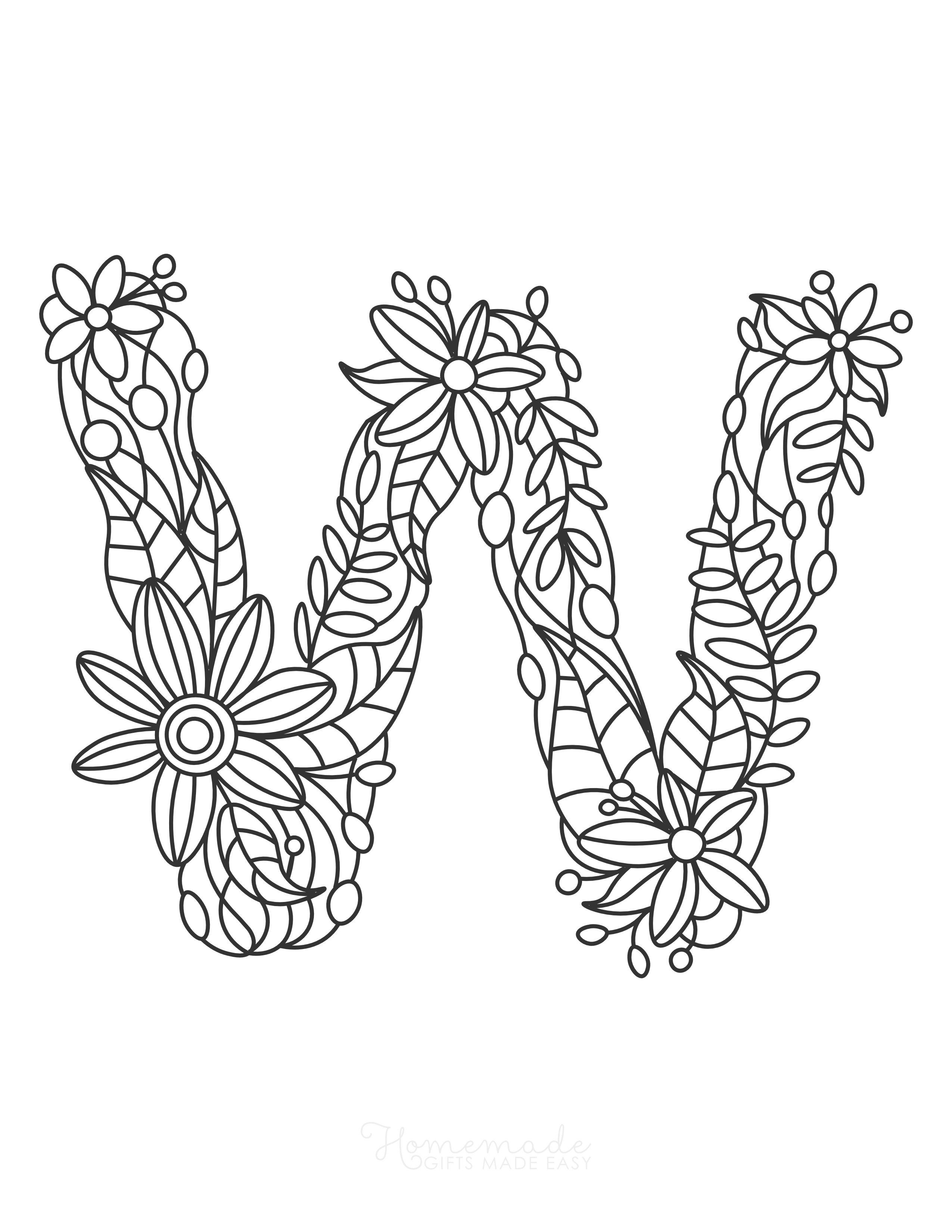 Letter "W" Floral Doodle to Color