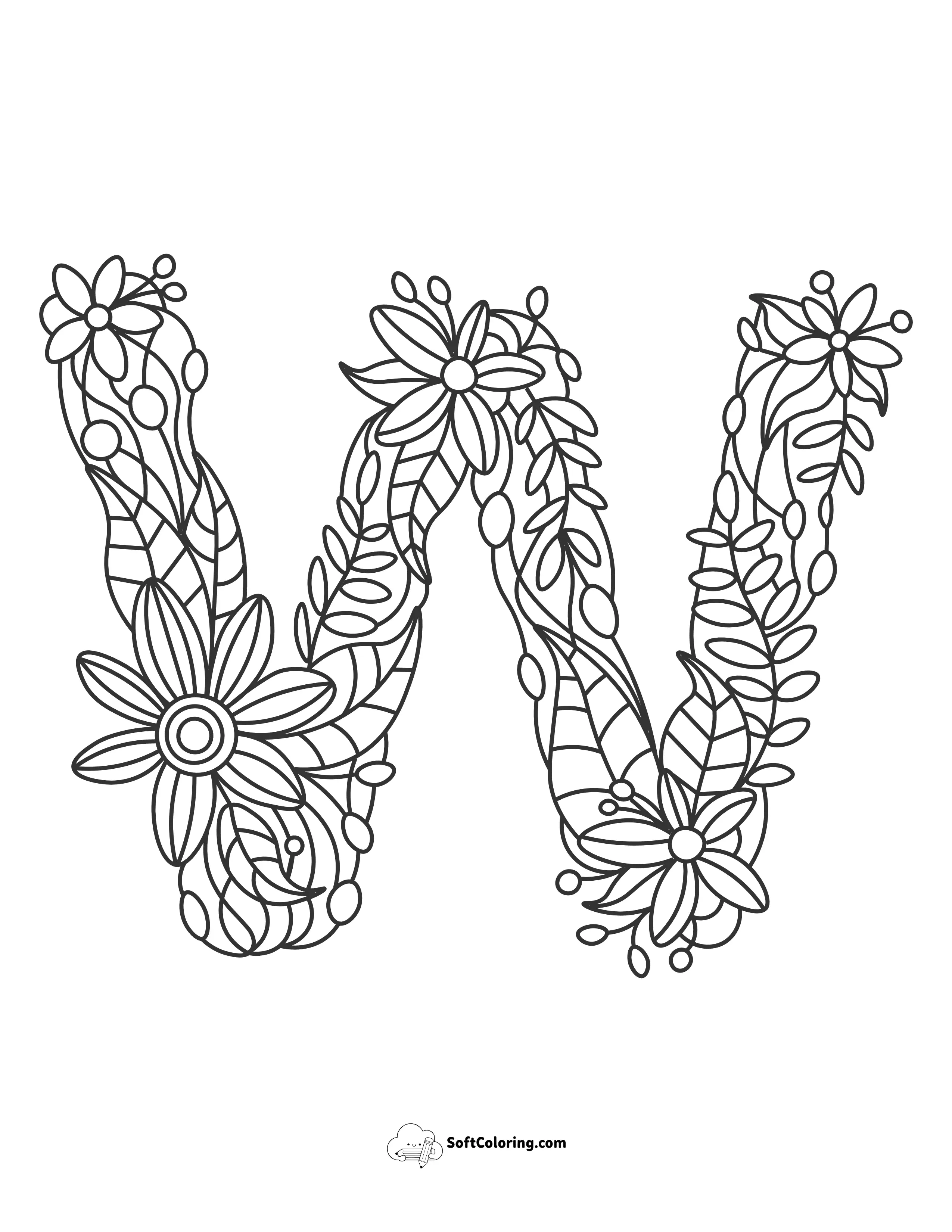 Letter "W" Floral Doodle To Color