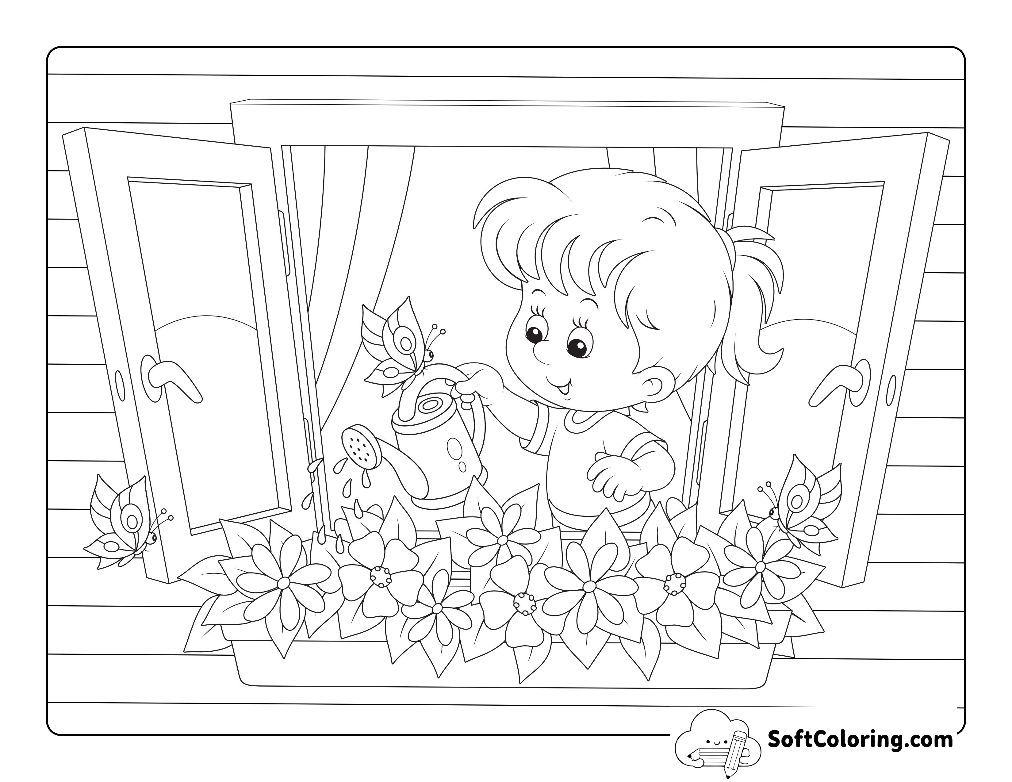 Cute Girl Watering Window Garden Picture to Color
