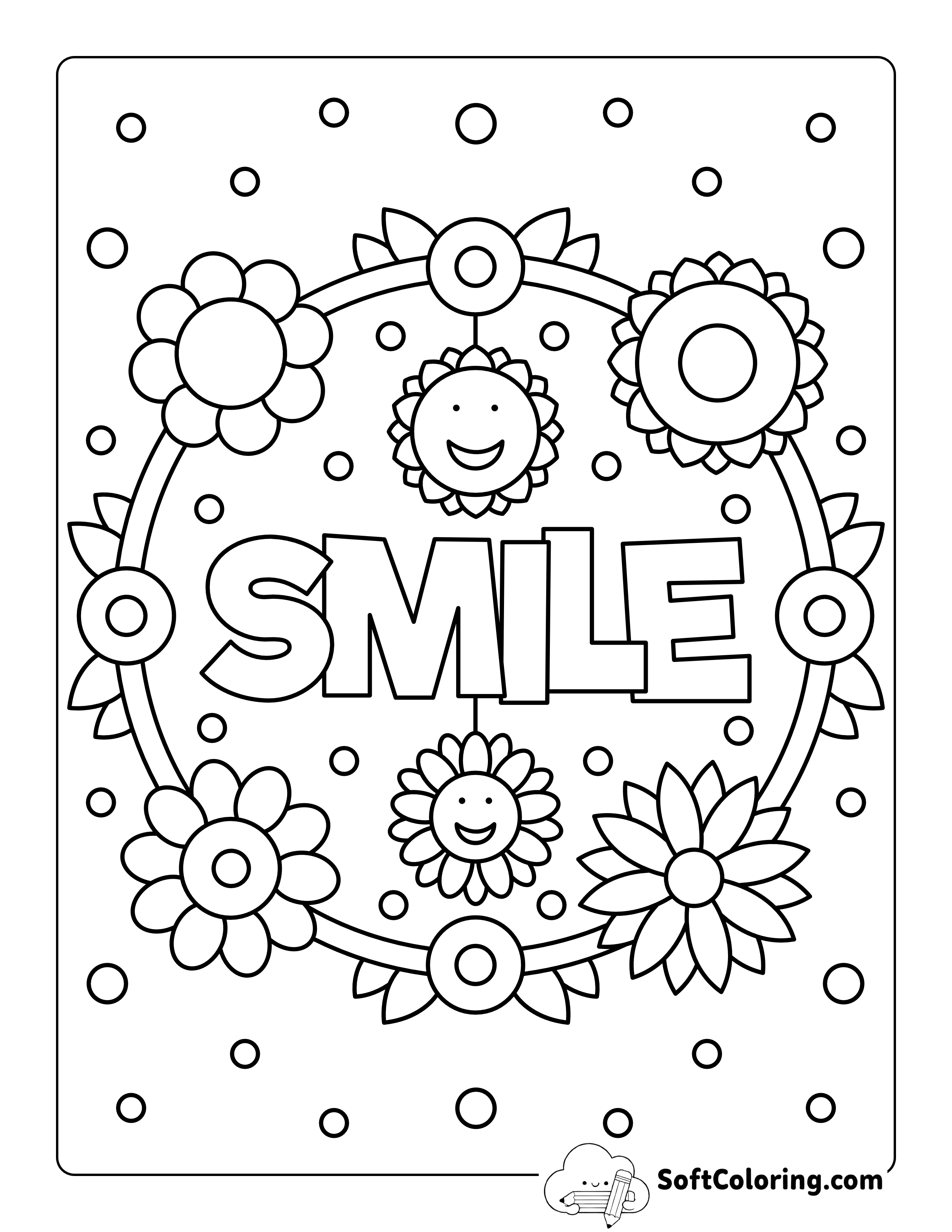 Happy Smiling Flowers Coloring Sheet for Kids