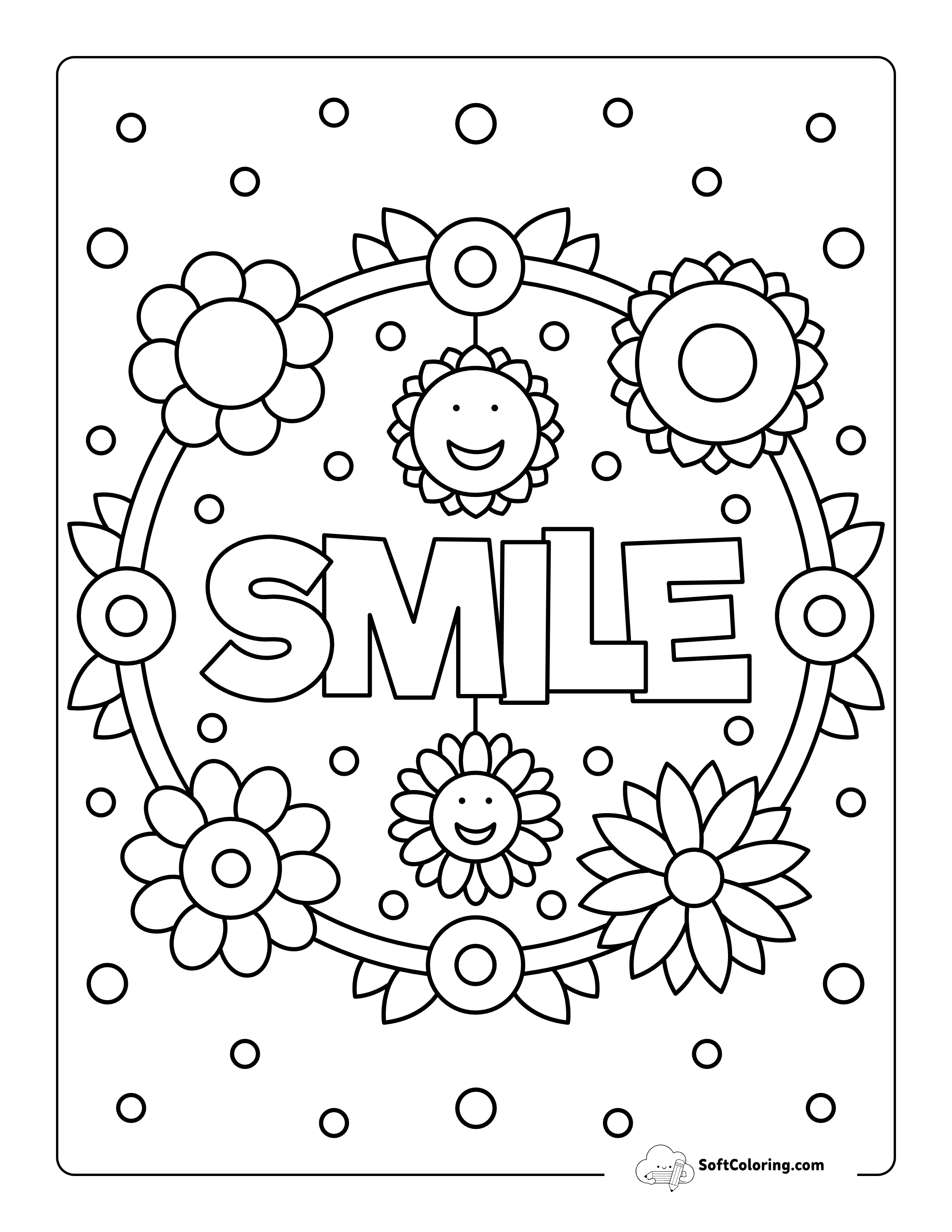 Happy Smiling Flowers Coloring Sheet For Kids
