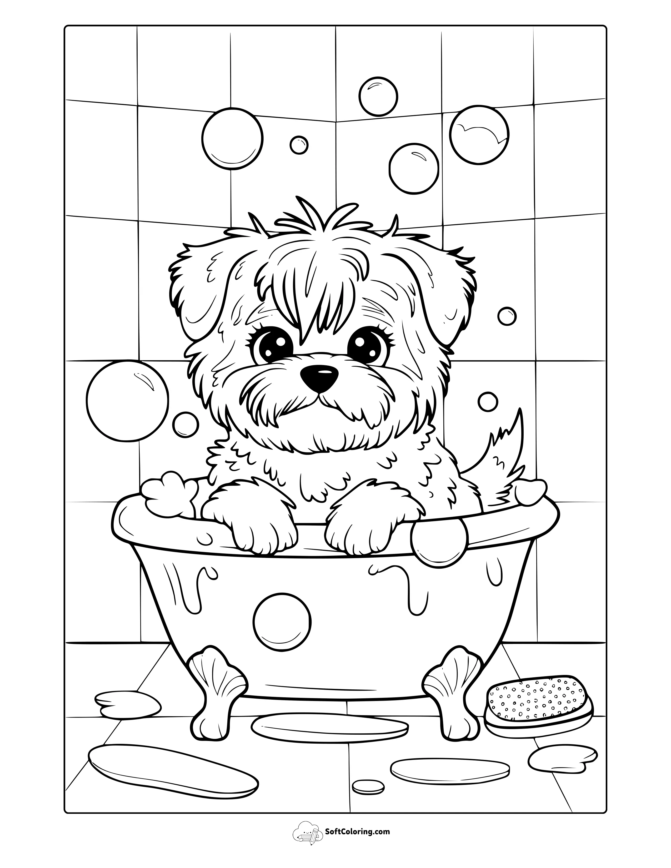 Fluffy Puppy Bath Time Coloring Page