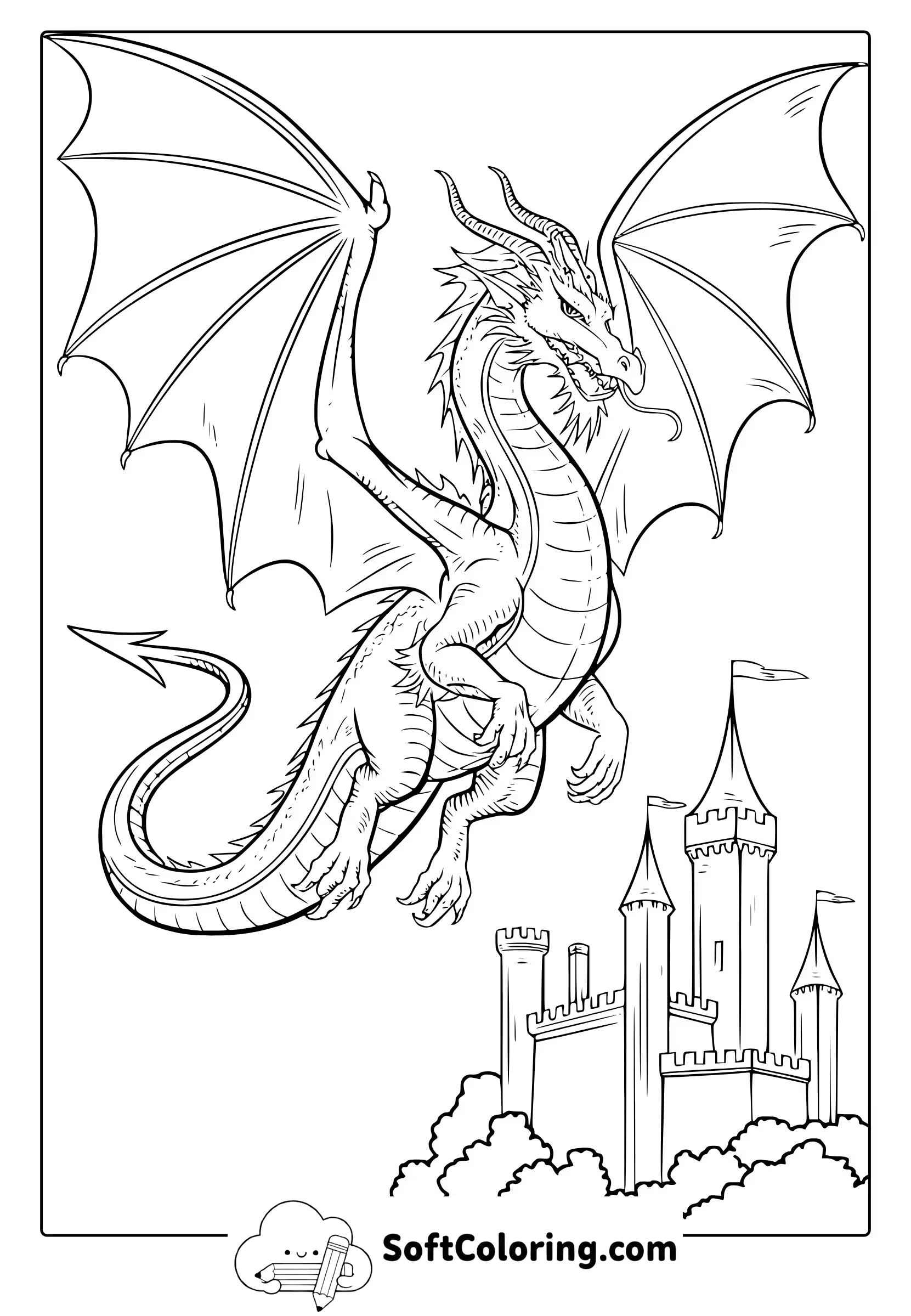 Flying Dragon Over a Castle Coloring Page